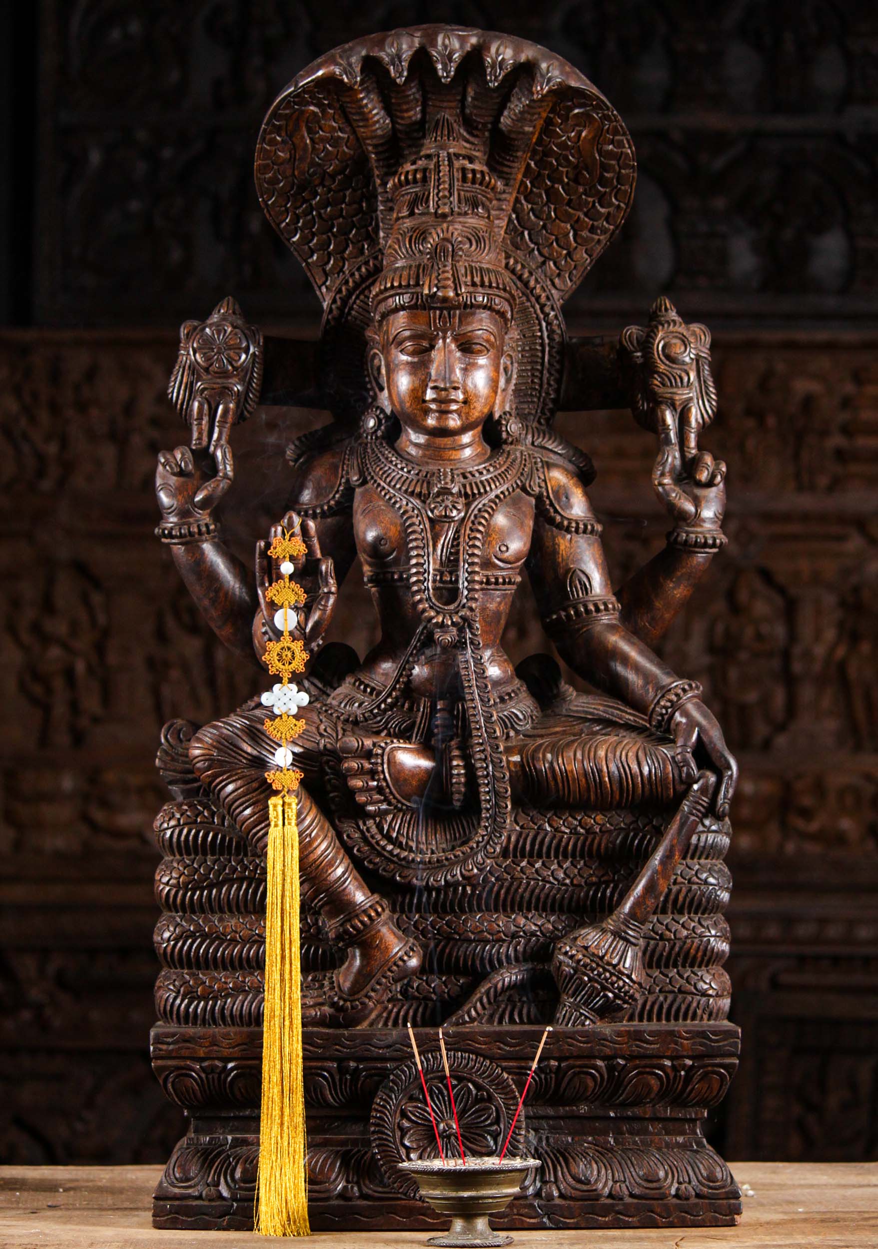 Wood Vishnu with Shesha and Club 36"