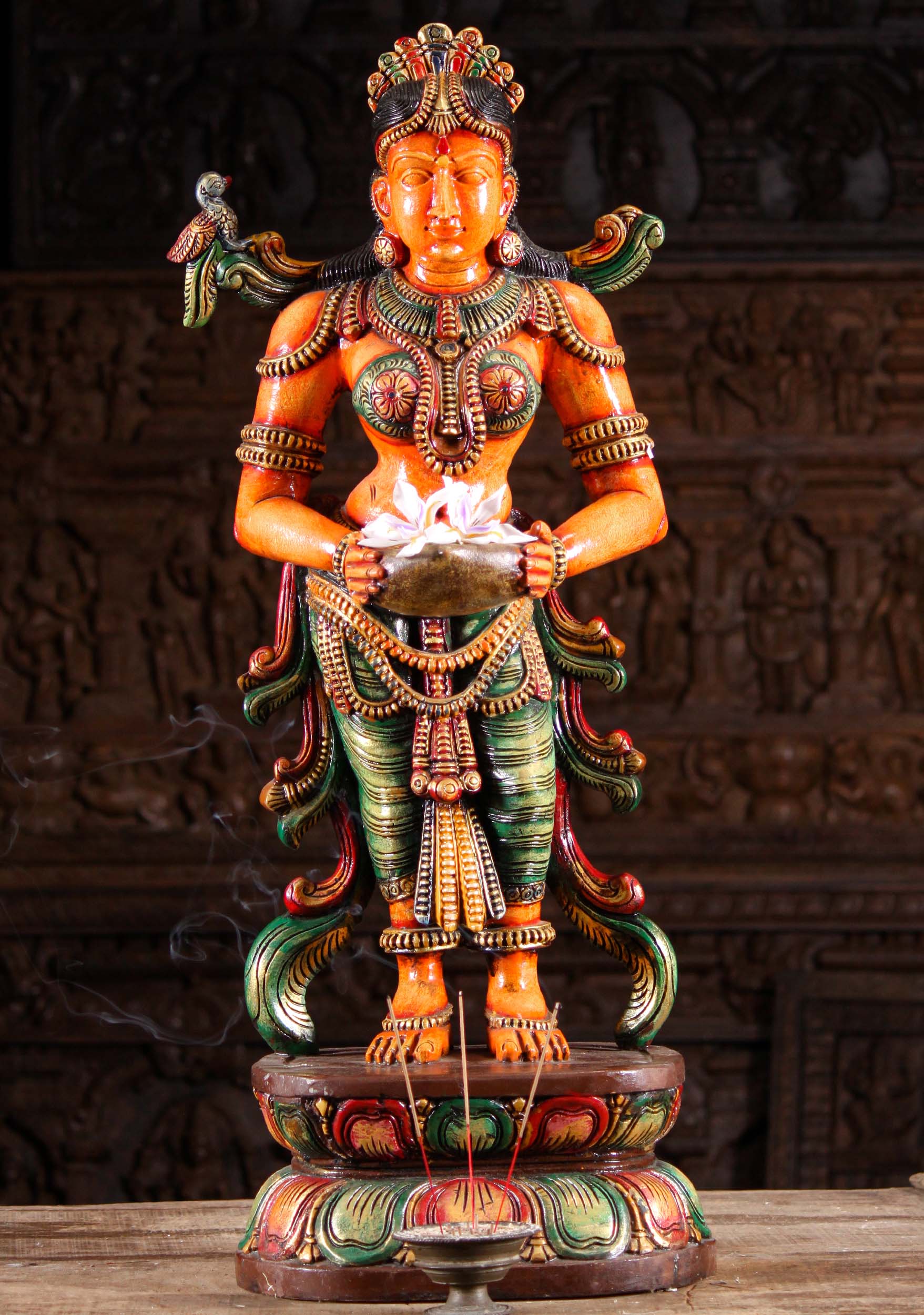 Colorful Wooden Deepa Lakshmi Sculpture Holding Ghee Lamp in Her Hands 36"