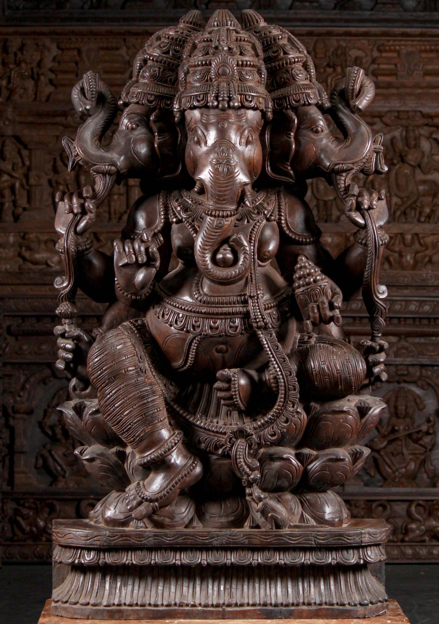 Wooden 3 Headed Trimuhki Ganapathi Statue with 6 Arms Seated on Lotus Base 48"