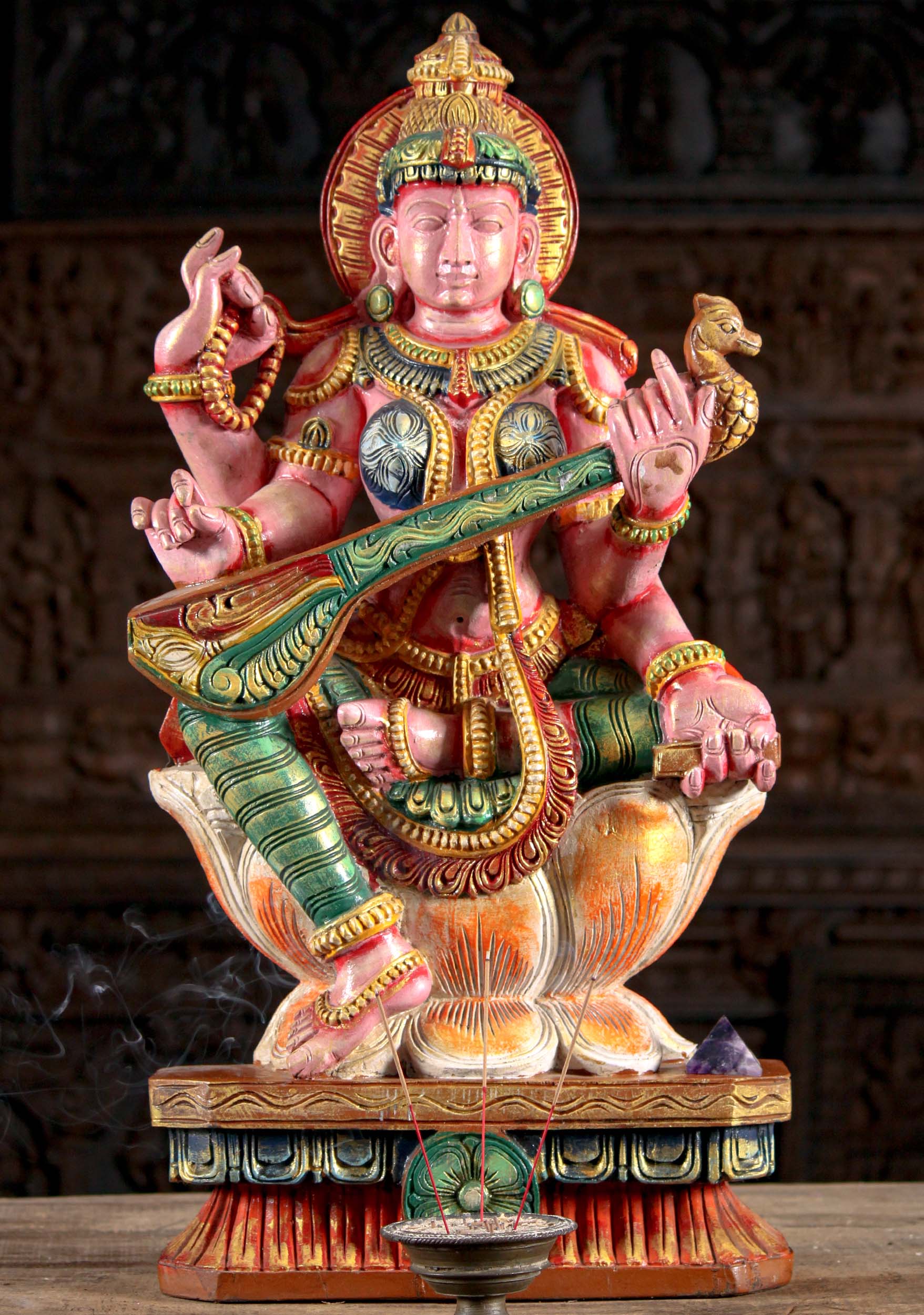 Pink Wooden HIndu Goddess Saraswati Playing Veena Hand Carved with Soft Features 30"