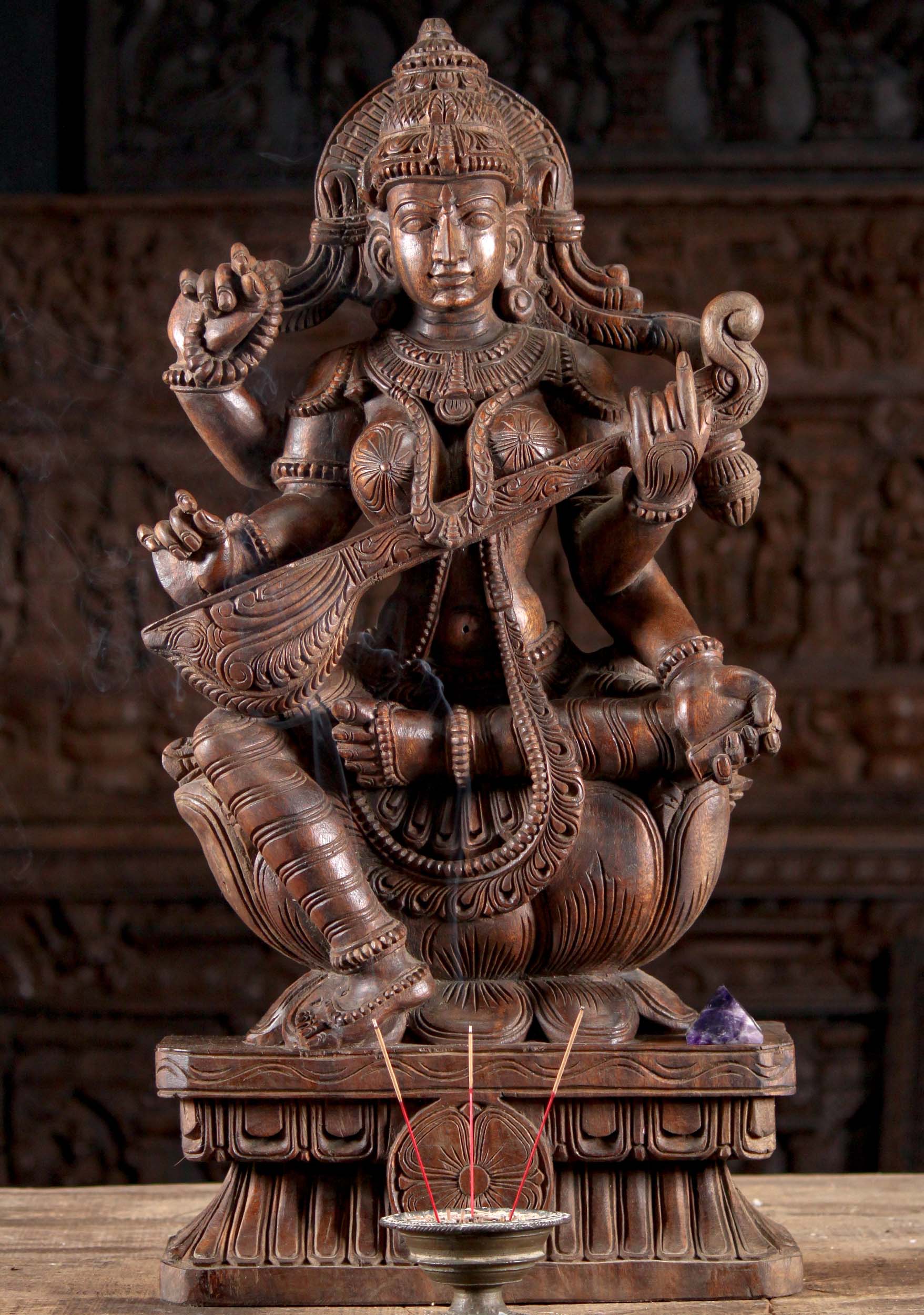 Brass Large Saraswati Statue Seated in Lalitasana on Large Lotus Base  Playing Veena 53