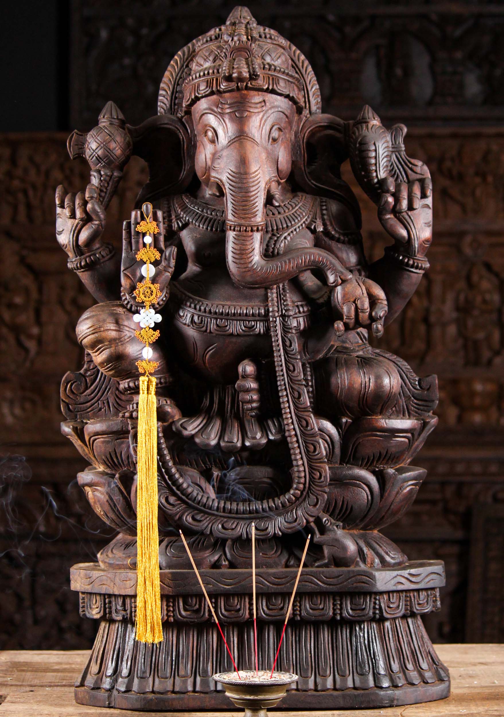 Dark Wood Seated Ganesh Statue on Lotus 36"