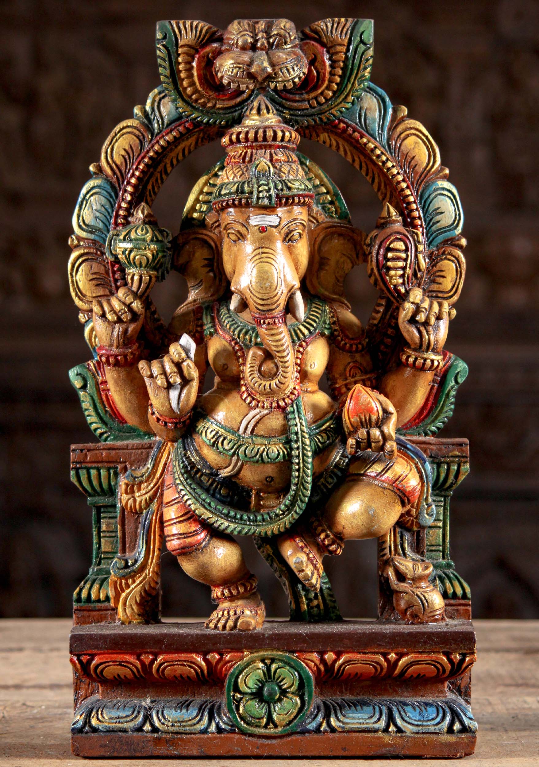 Wooden Ganesh Seated Under Arch with Tusk 18"