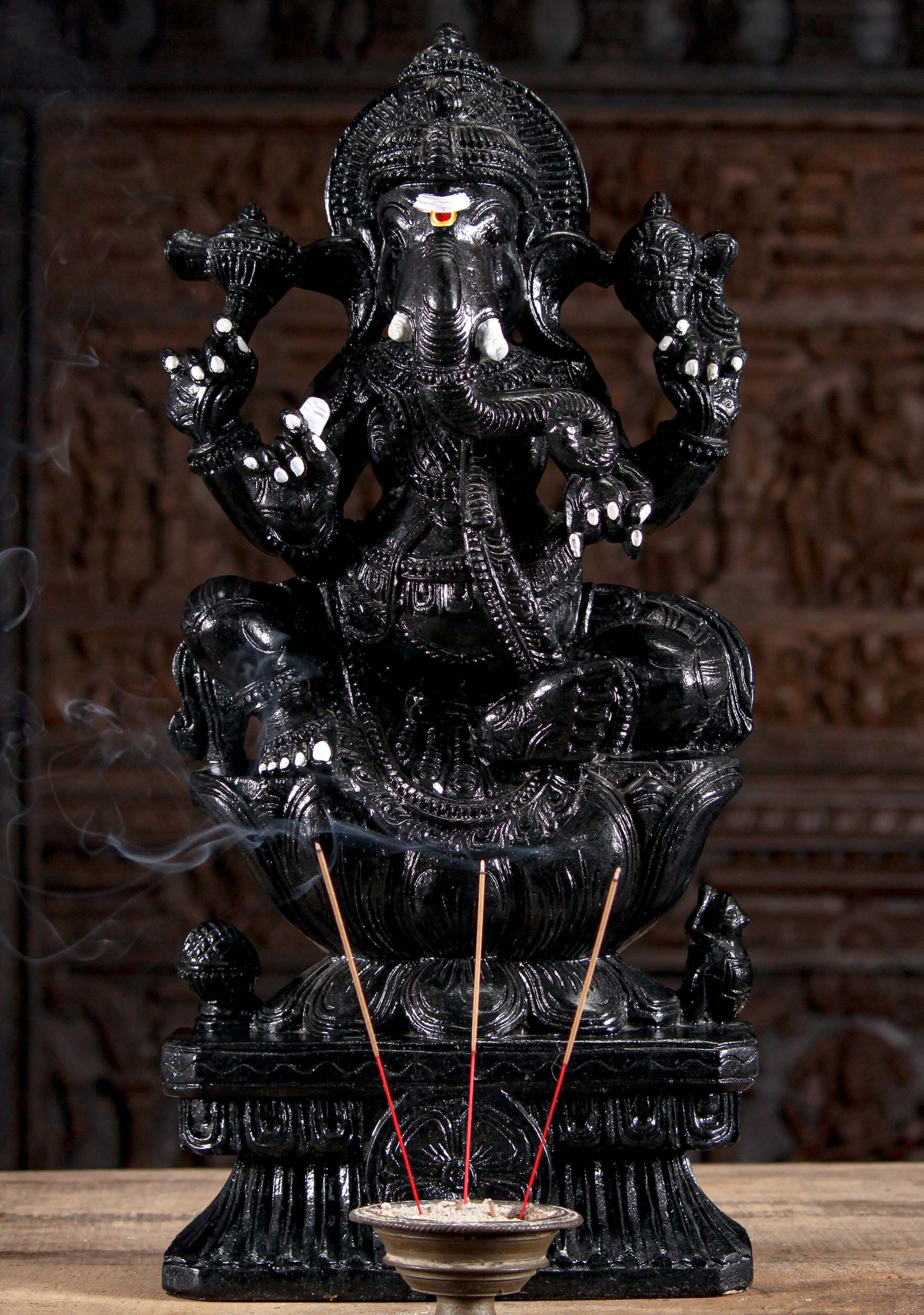 Black Painted Wood Ganesh Statue with Tusk 24"