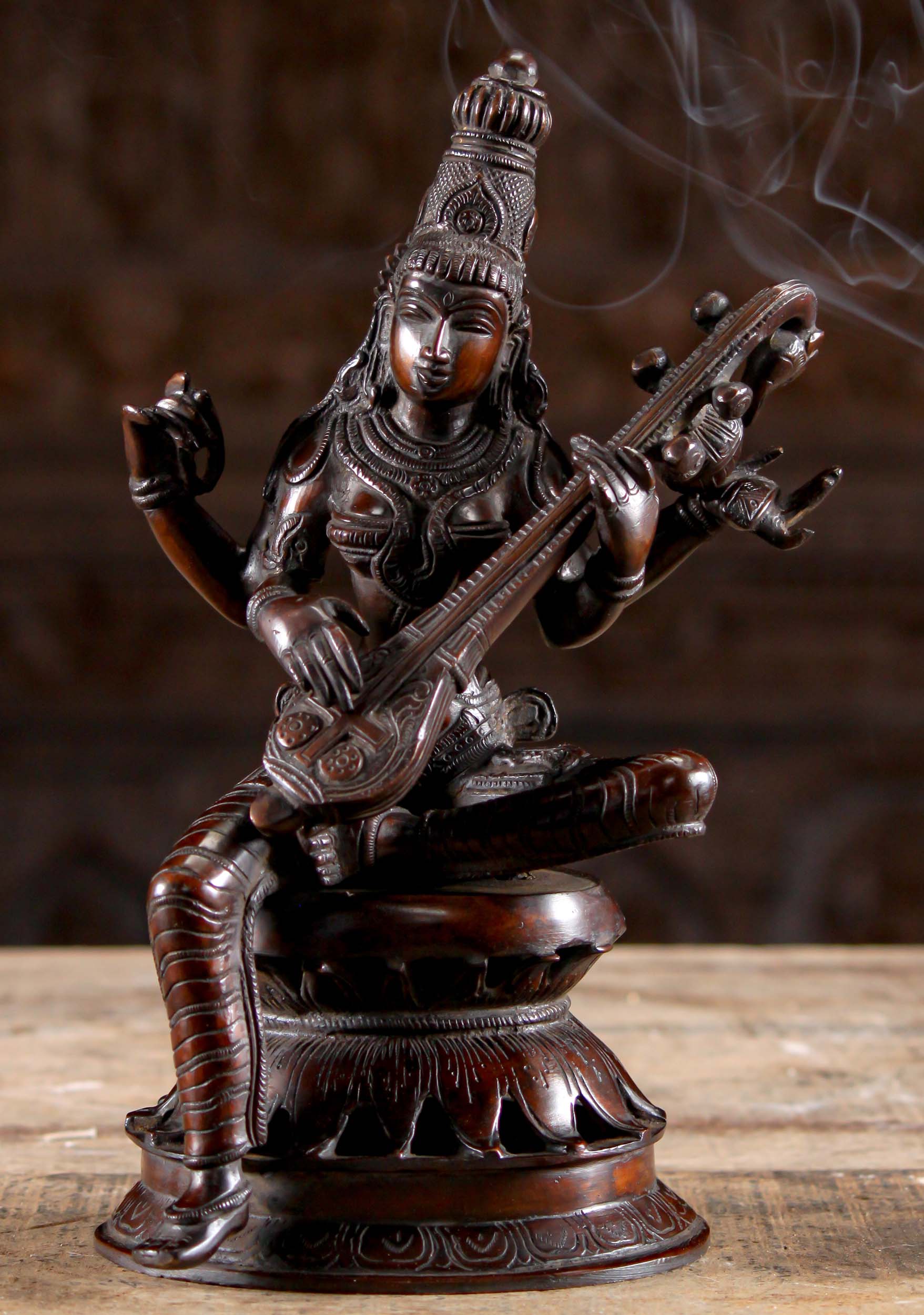 Brass Large Saraswati Statue Seated in Lalitasana on Large Lotus Base  Playing Veena 53