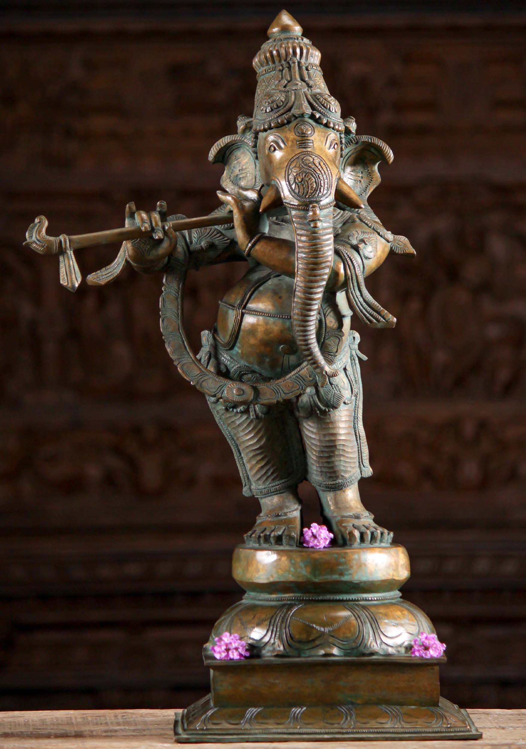 South Indian Bronze Musical Ganesha Murti  Playing the Flute Like Krishna 24.5"