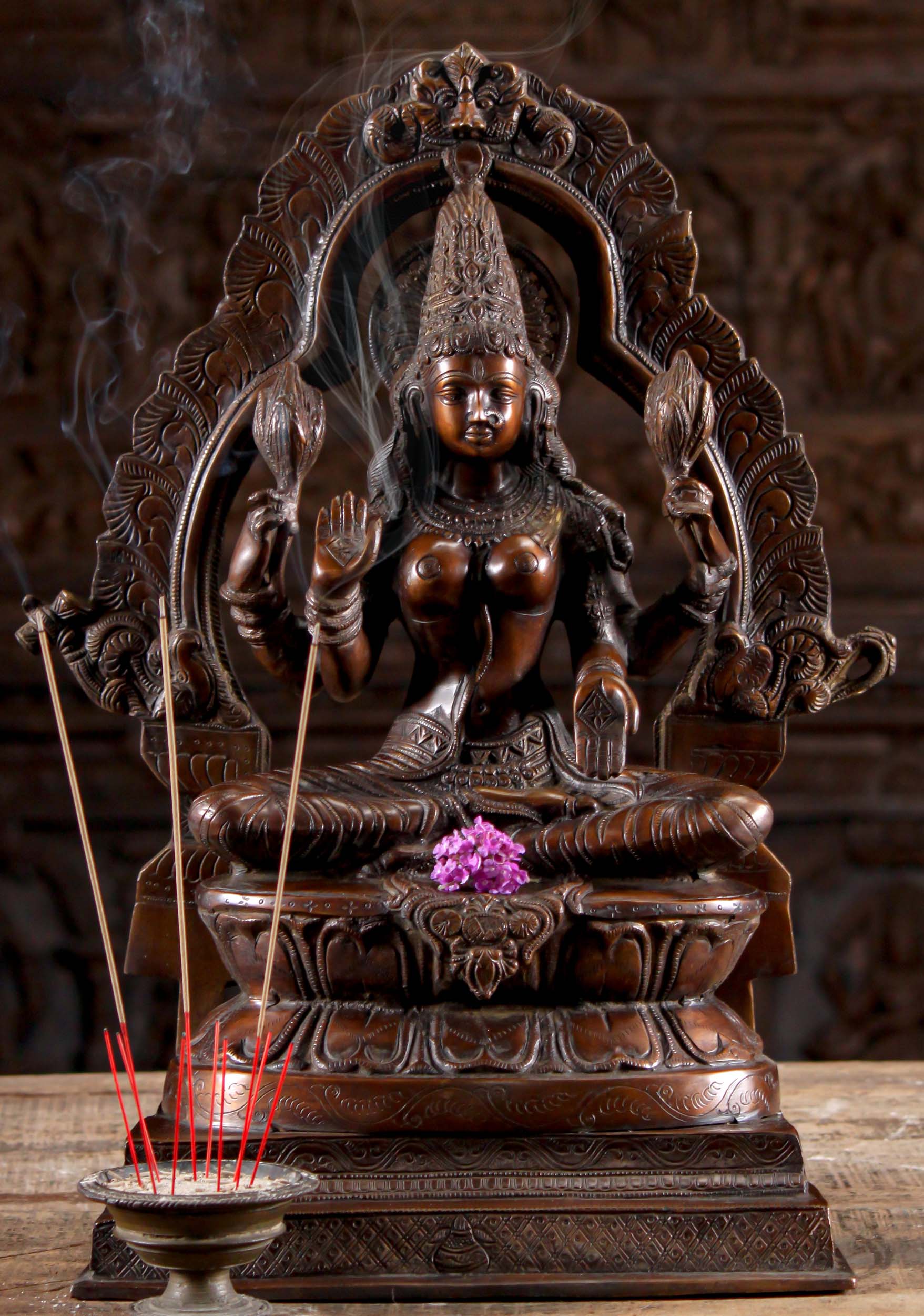 Brass Hindu Goddess Lakshmi Statue Seated in Half Lotus Pose Holding 2 Lotus Flowers 22"