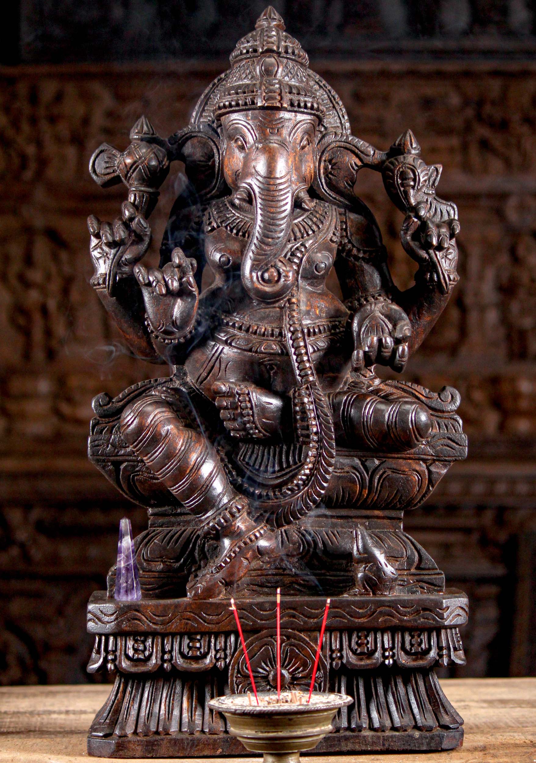 Dark Wood Ganesh Statue with Tusk 24"