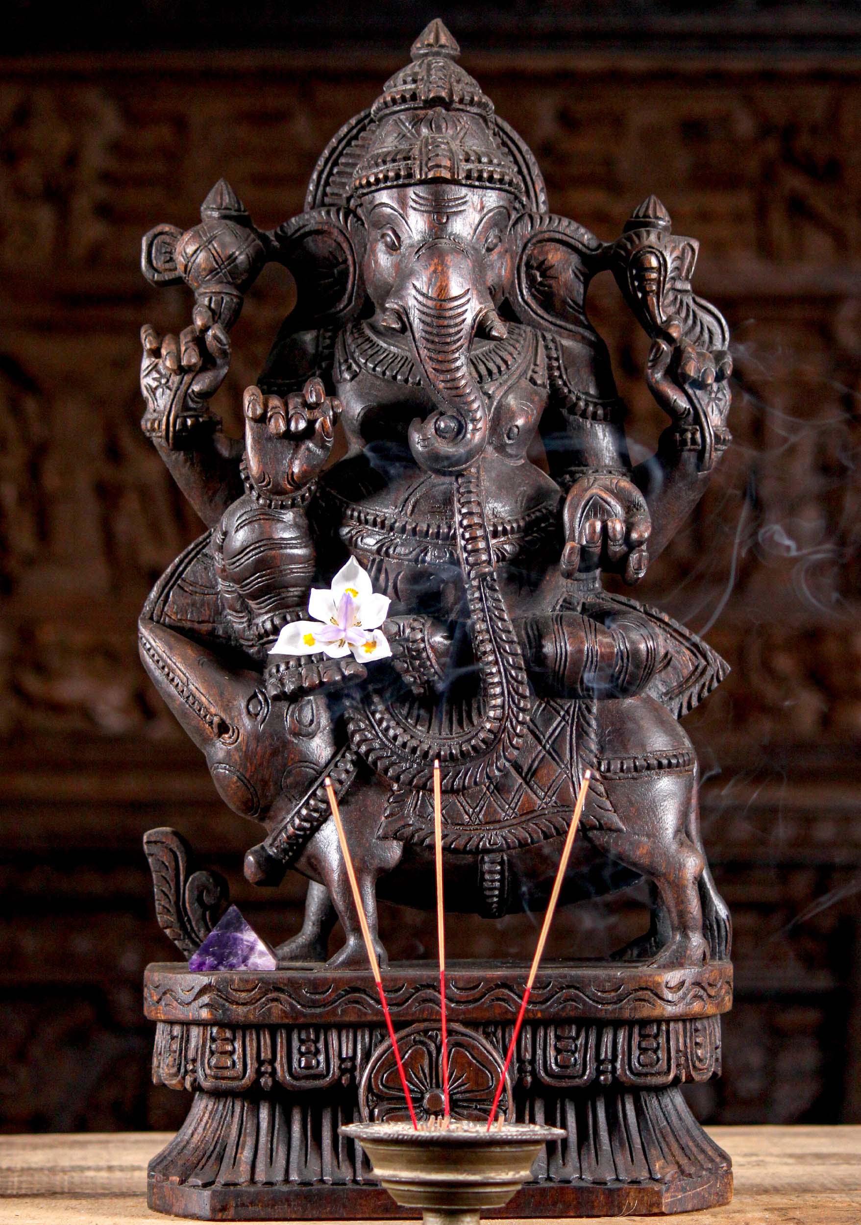 Dark Wooden Ganesha Seated on Rat 24"