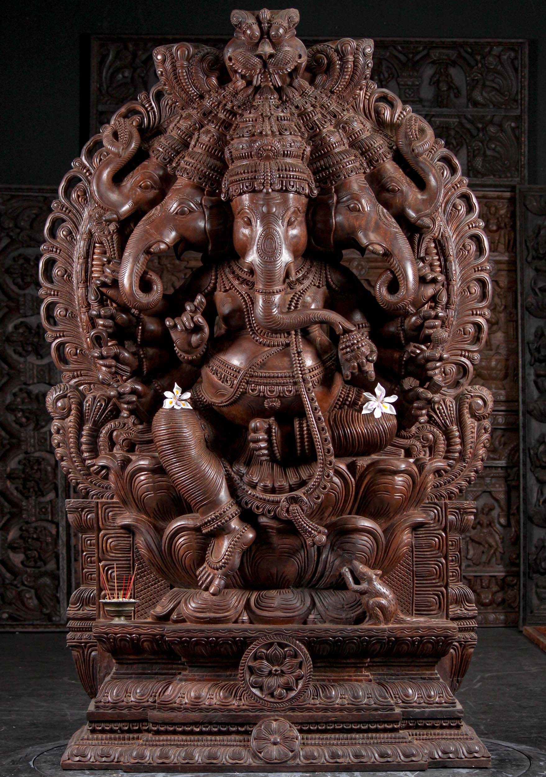 Wooden 5 Headed Ganesha Panchamukha Ganesh Statue Hand Carved in South India 77"