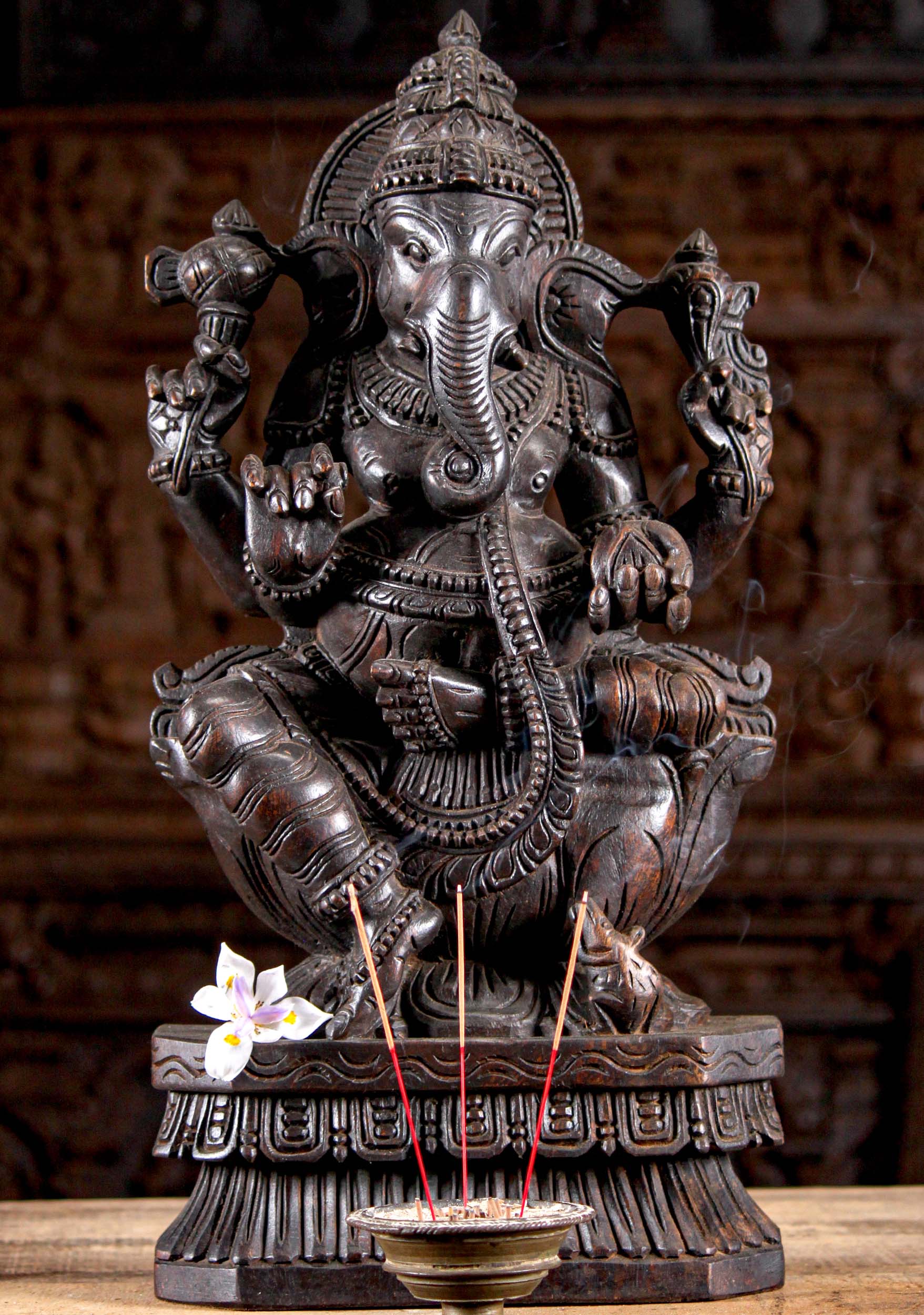 Wooden Seated Ganesha Statue 24"