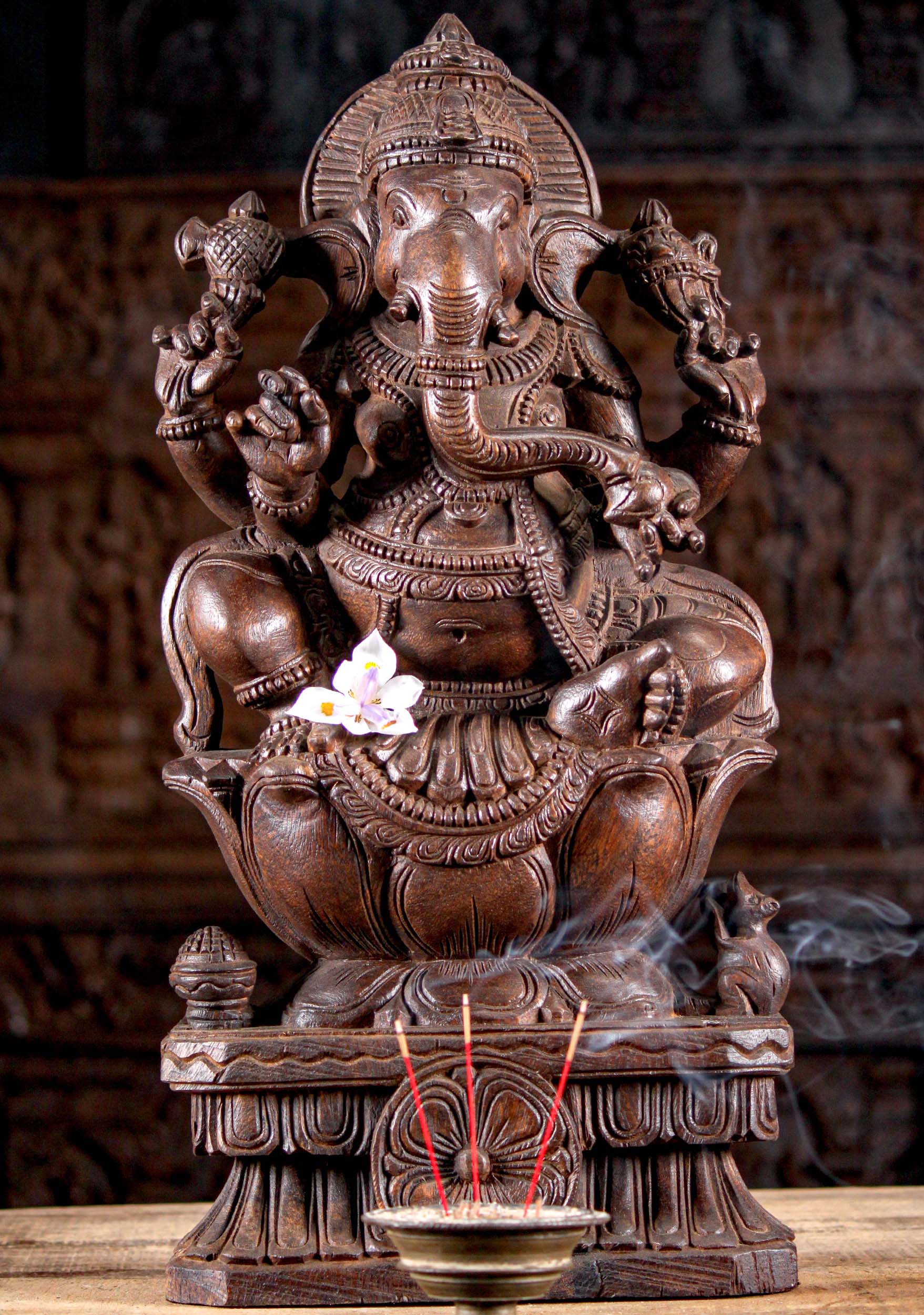 Wooden Ganesh Perched on Lotus Base 24"