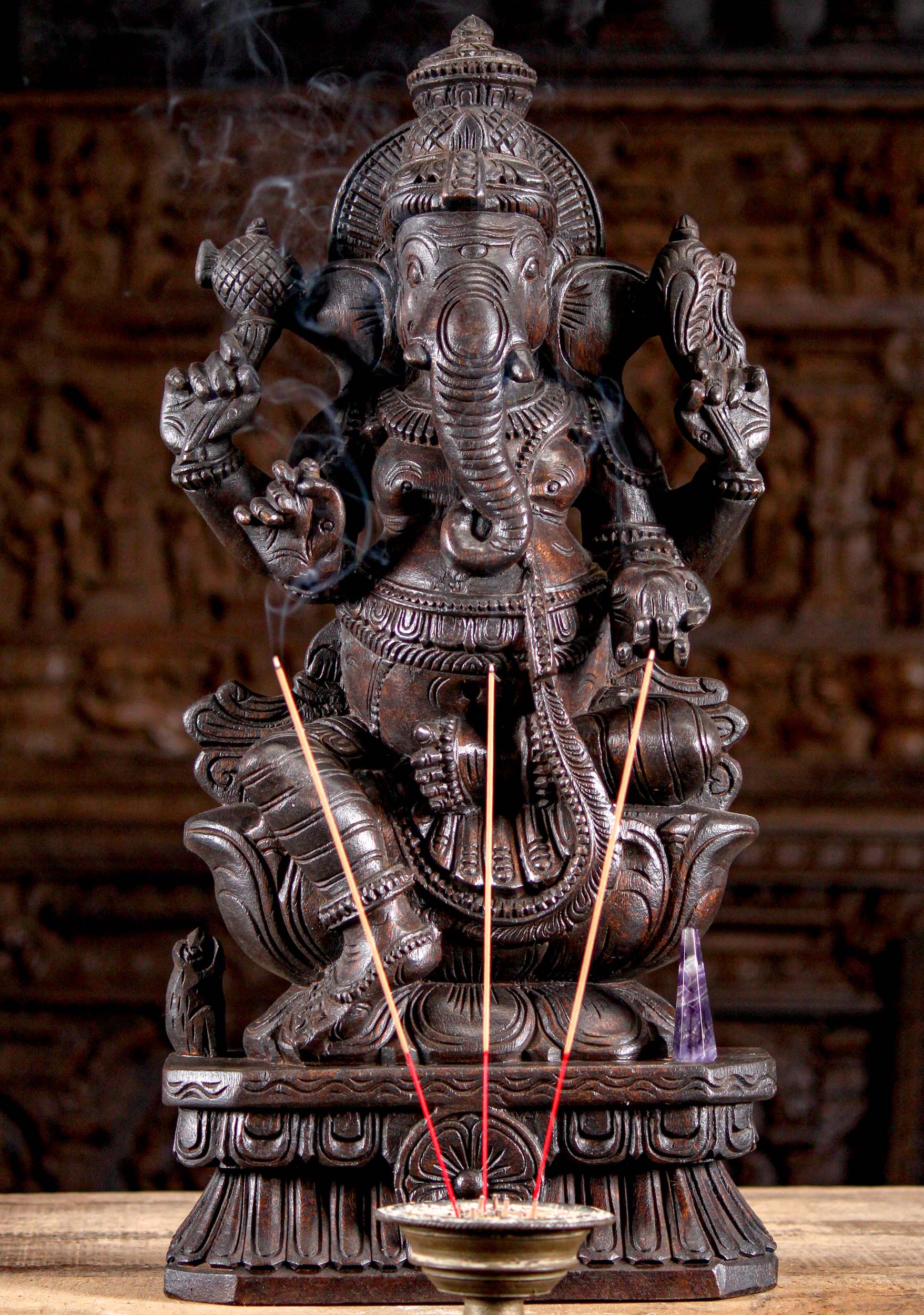 Dark Wooden Ganesha Sculpture with Rat 24"'