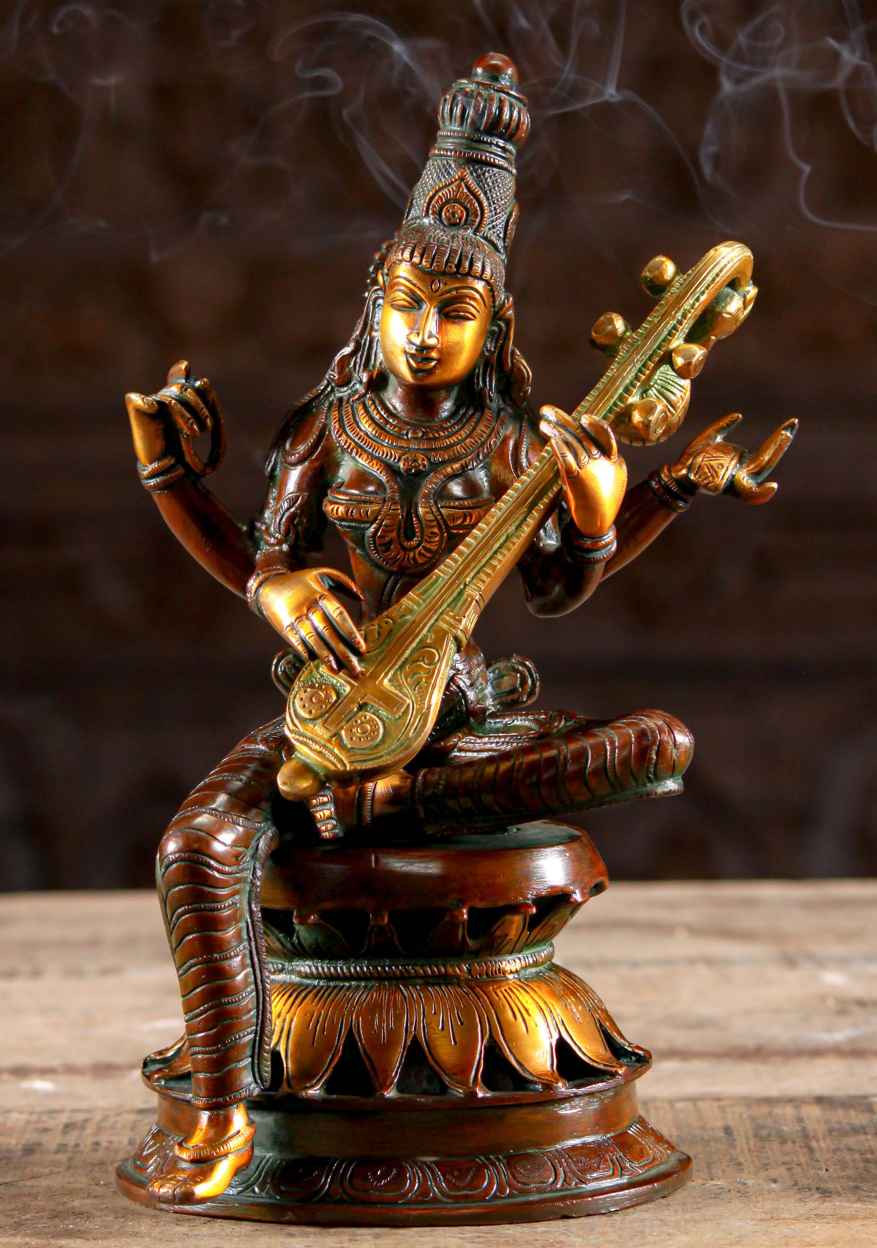 Saraswati Brass Goddess of Wisdom Statue Seated on Lotus Base Playing Veena Instrument  12"