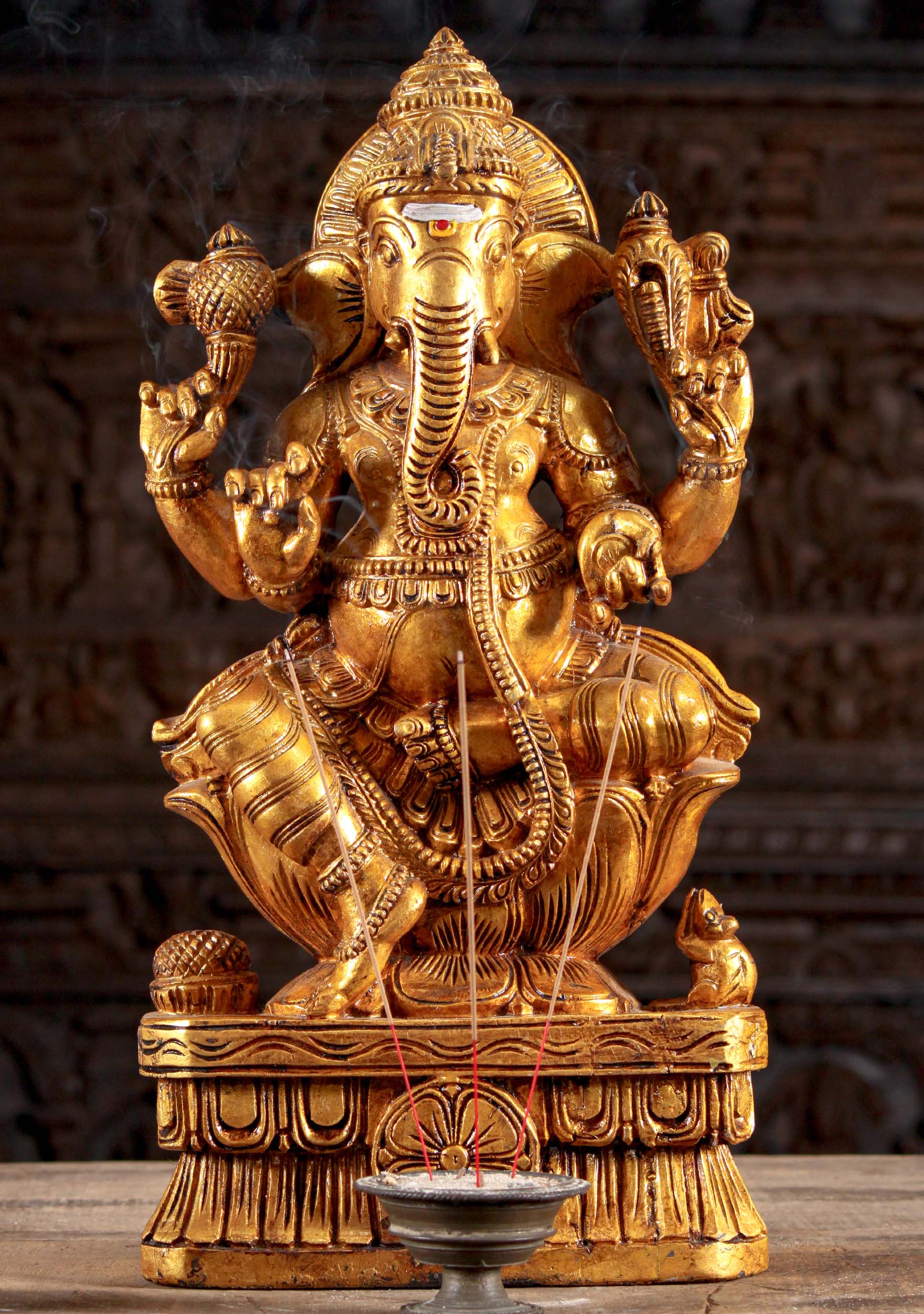 Gold Painted Wooden Ganesha Statue 24"