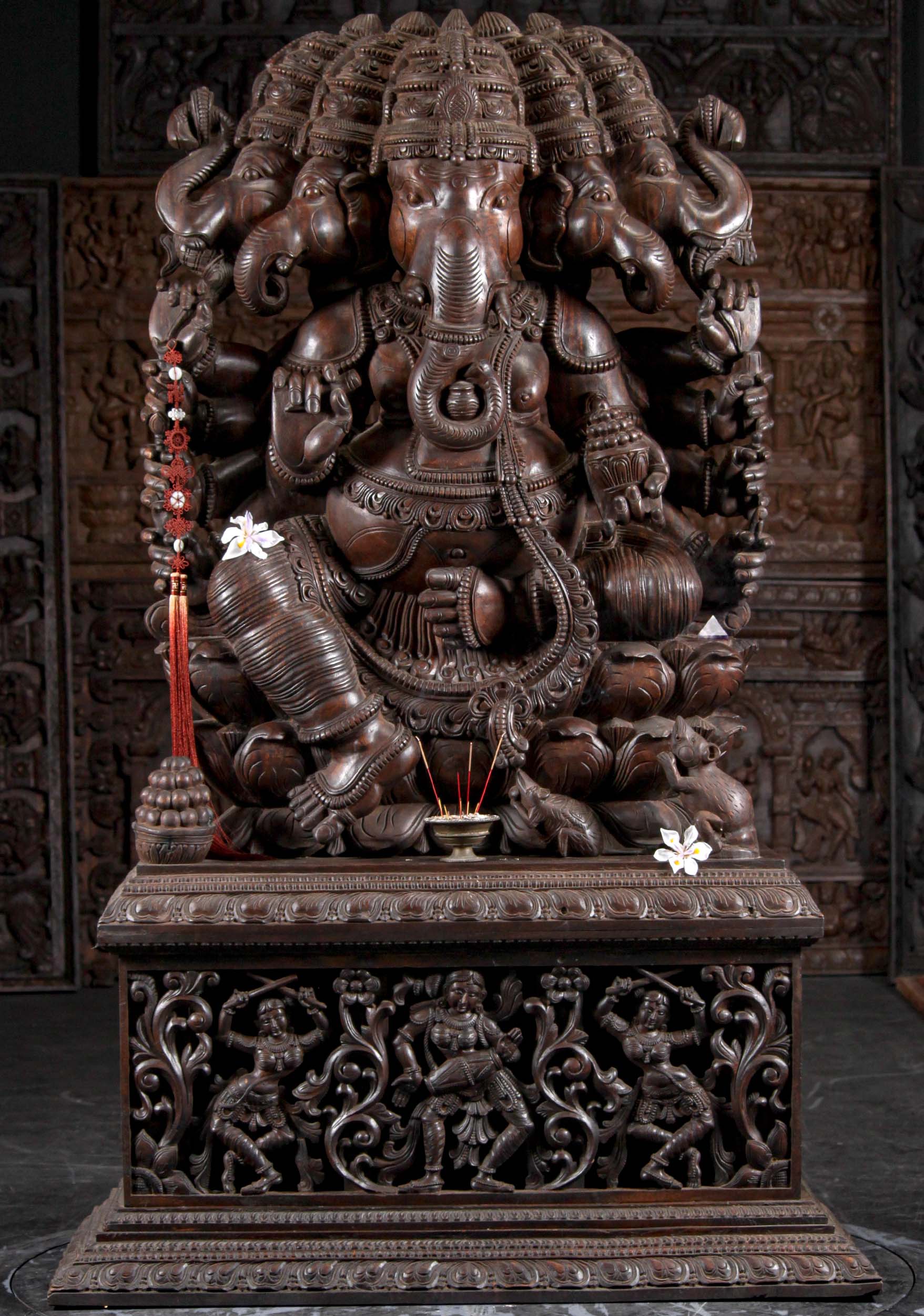 Wood 5 Headed Panchamukha Ganesh Statue wtih 3 Temple Dancers Basavis Playing Instruments 71"