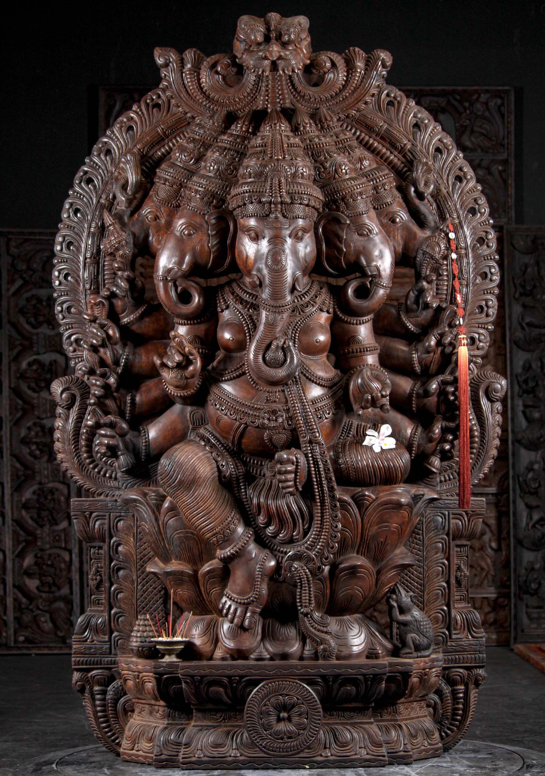 Wooden 5 Headed Ganesh Statue  Hand Carved in South India 82"