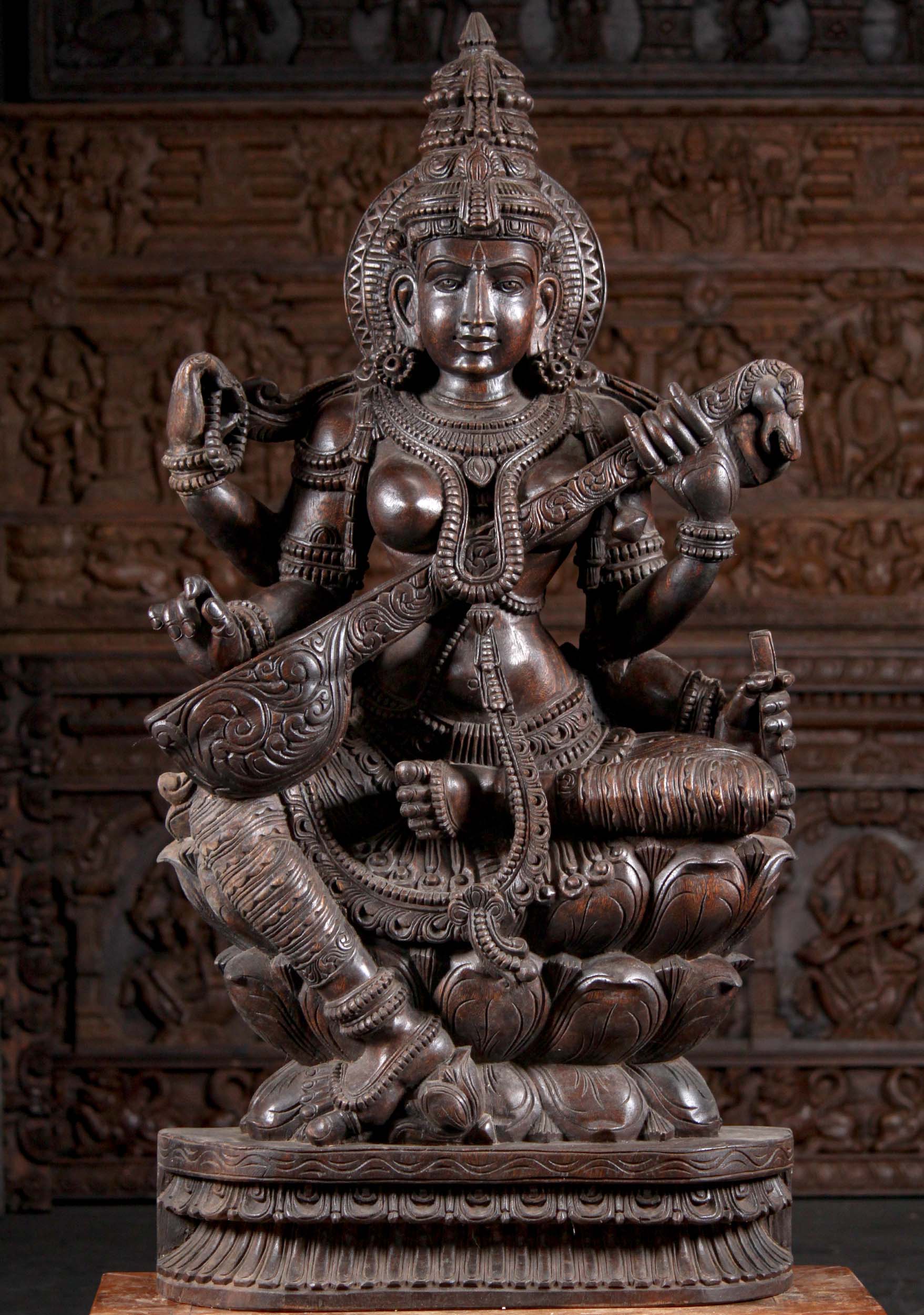 Beautiful Wooden Veena Saraswati Statue 48"