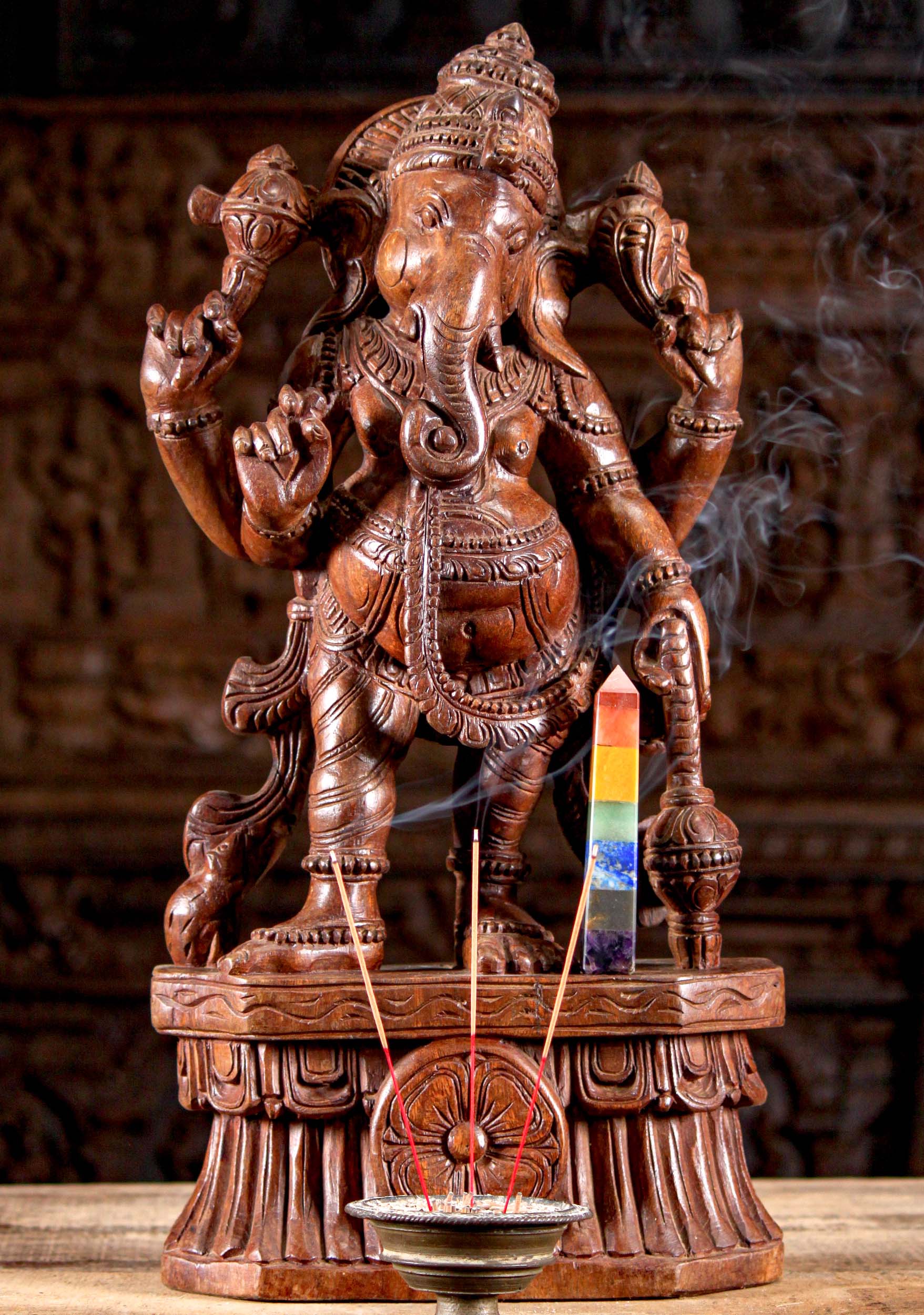 Wood Standing Ganesha Statue Holding Club 24"