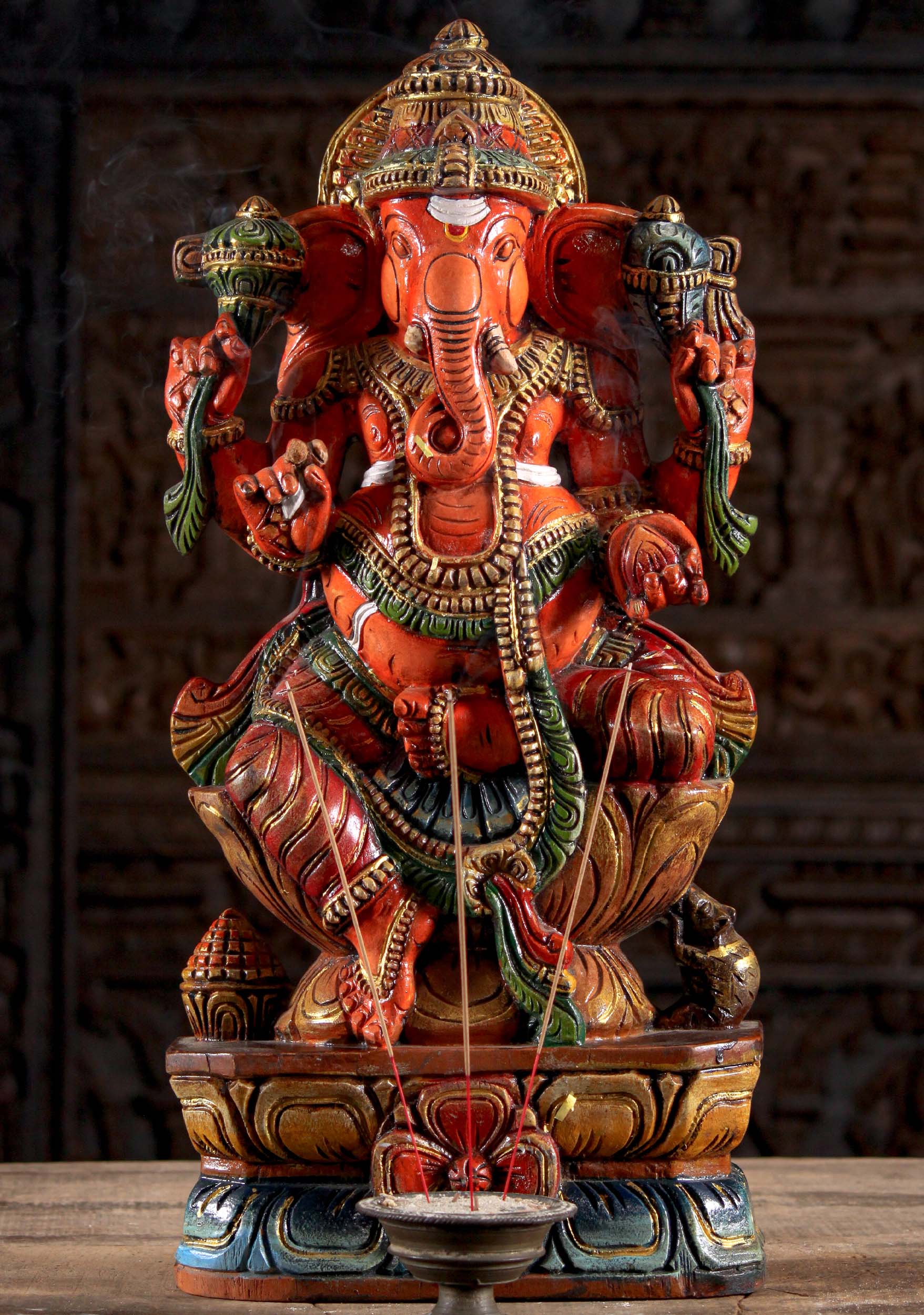 Wooden Painted Seated Ganesha Statue 24"