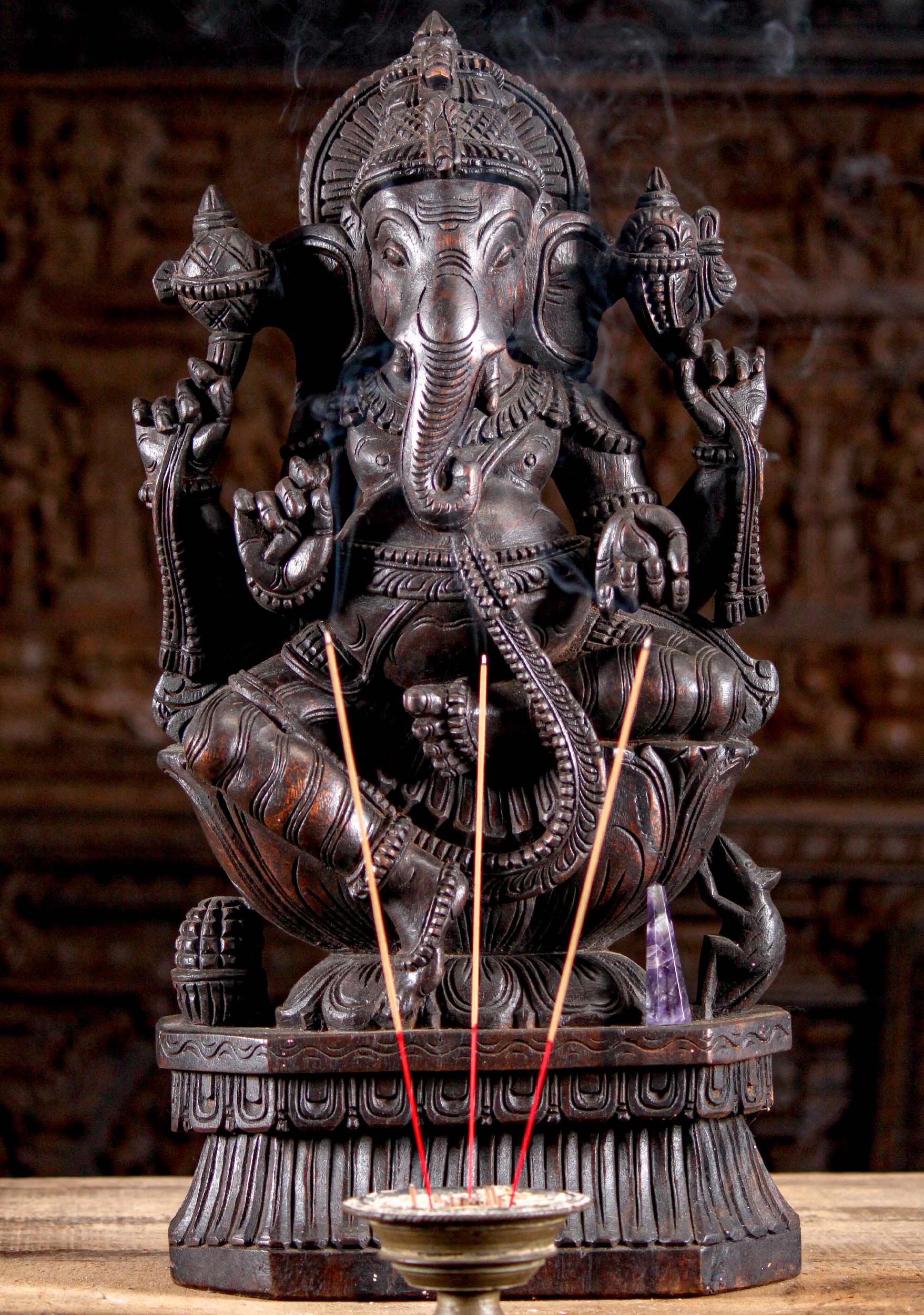 Dark Wooden Ganesha Sculpture with Mango 24"'