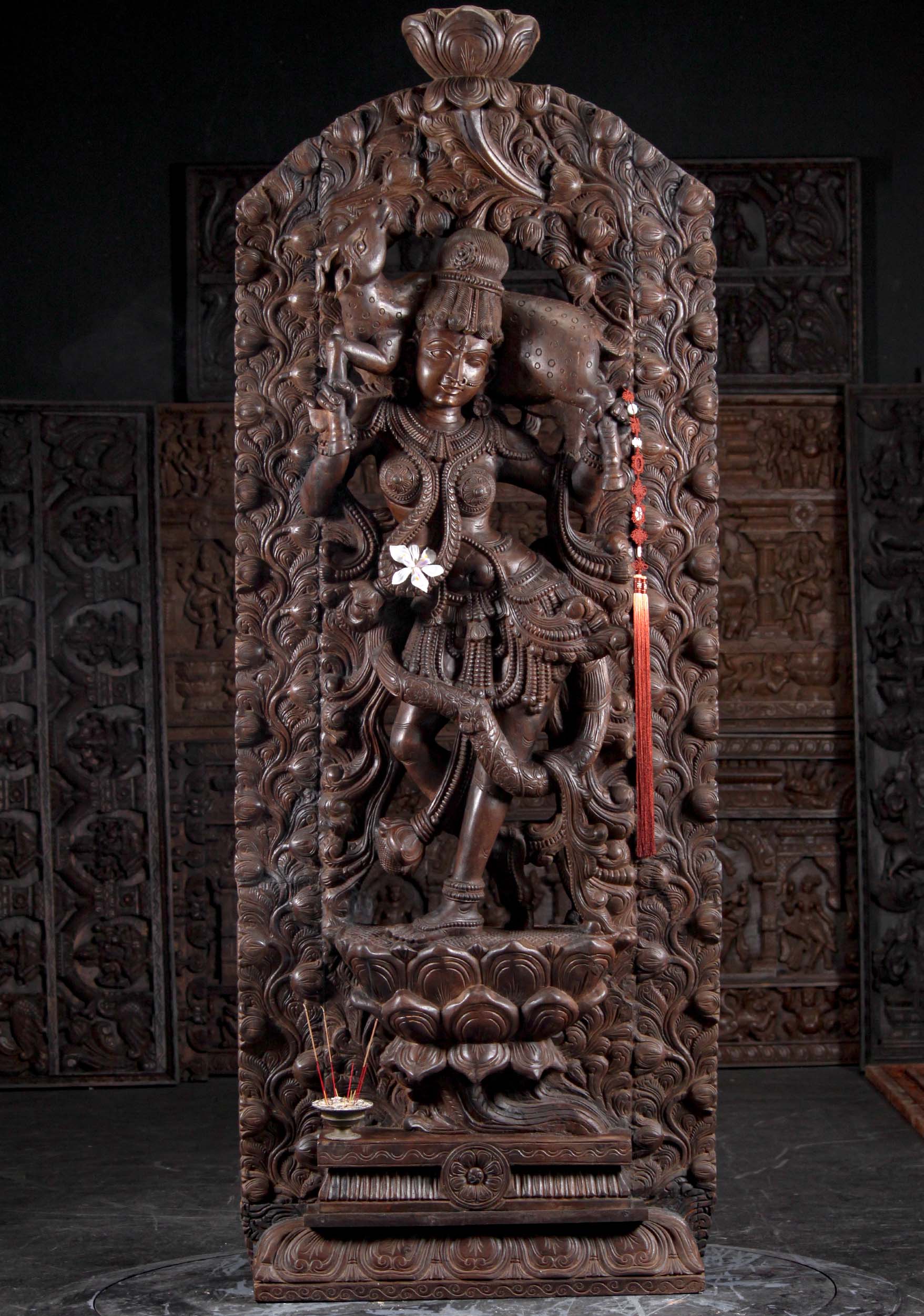 Large 7 Foot Tall Wood Standing Parvati Carving Carrying Deer Surrounded by Lotus Flowers 87"