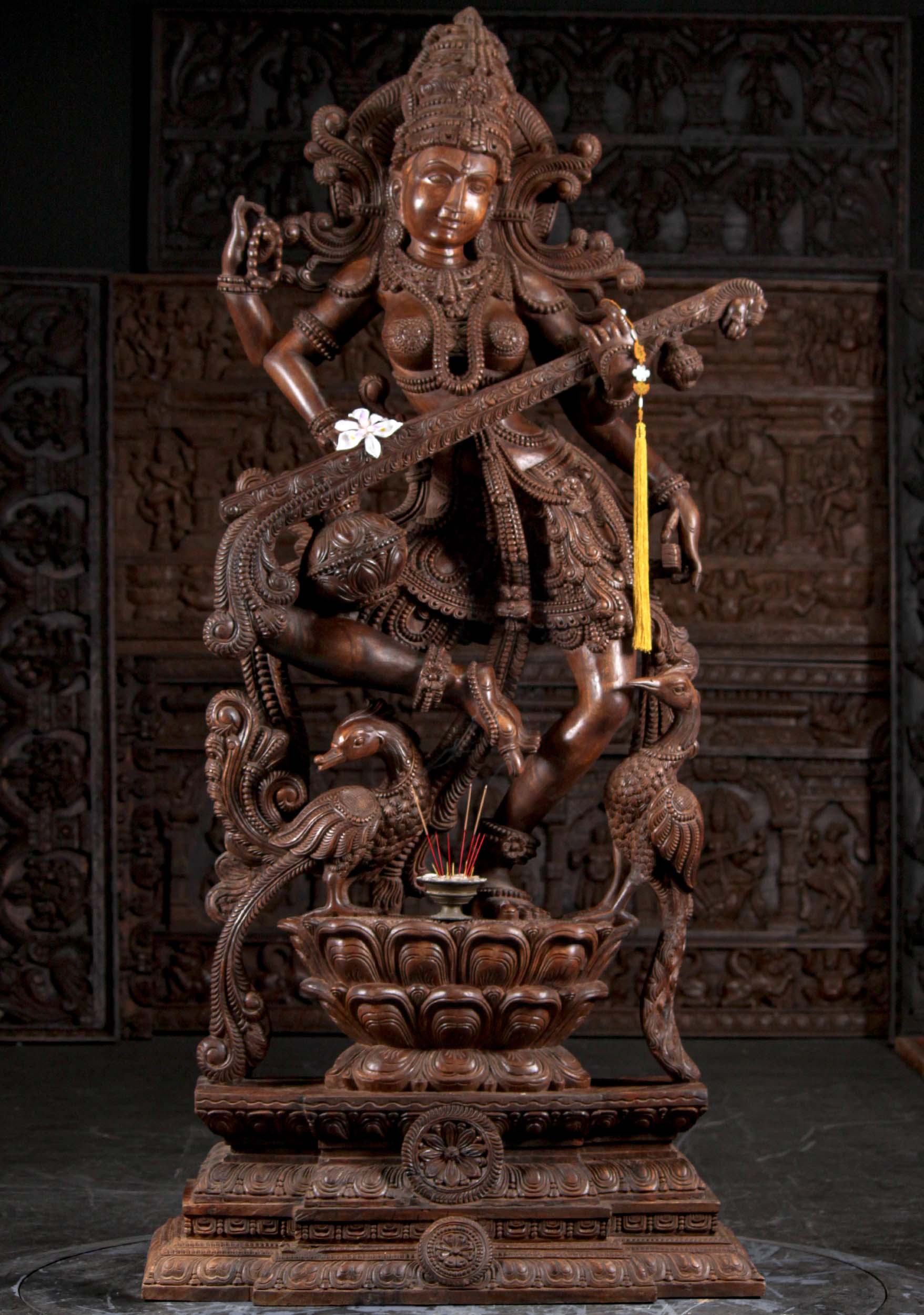 Large Wooden Dancing Saraswati the Hindu Goddess of Wisdom with Two Peacocks 76"