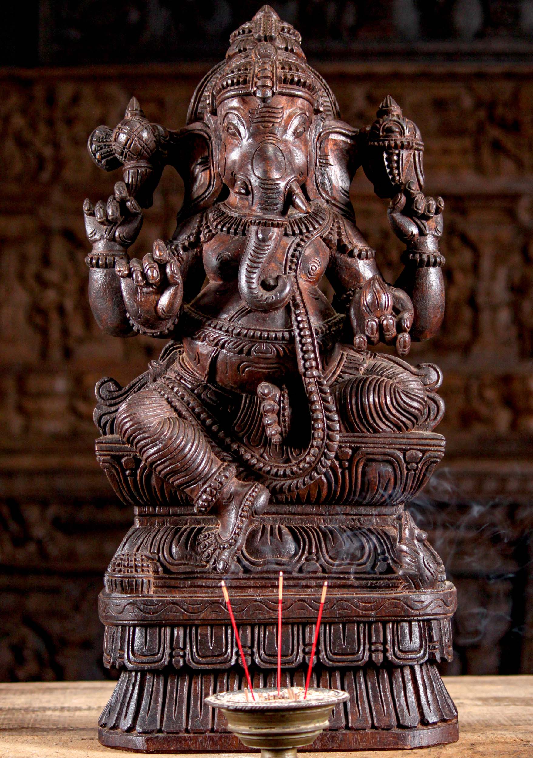 Wood Ganesha Seated with Tusk & Mango Statue 24"