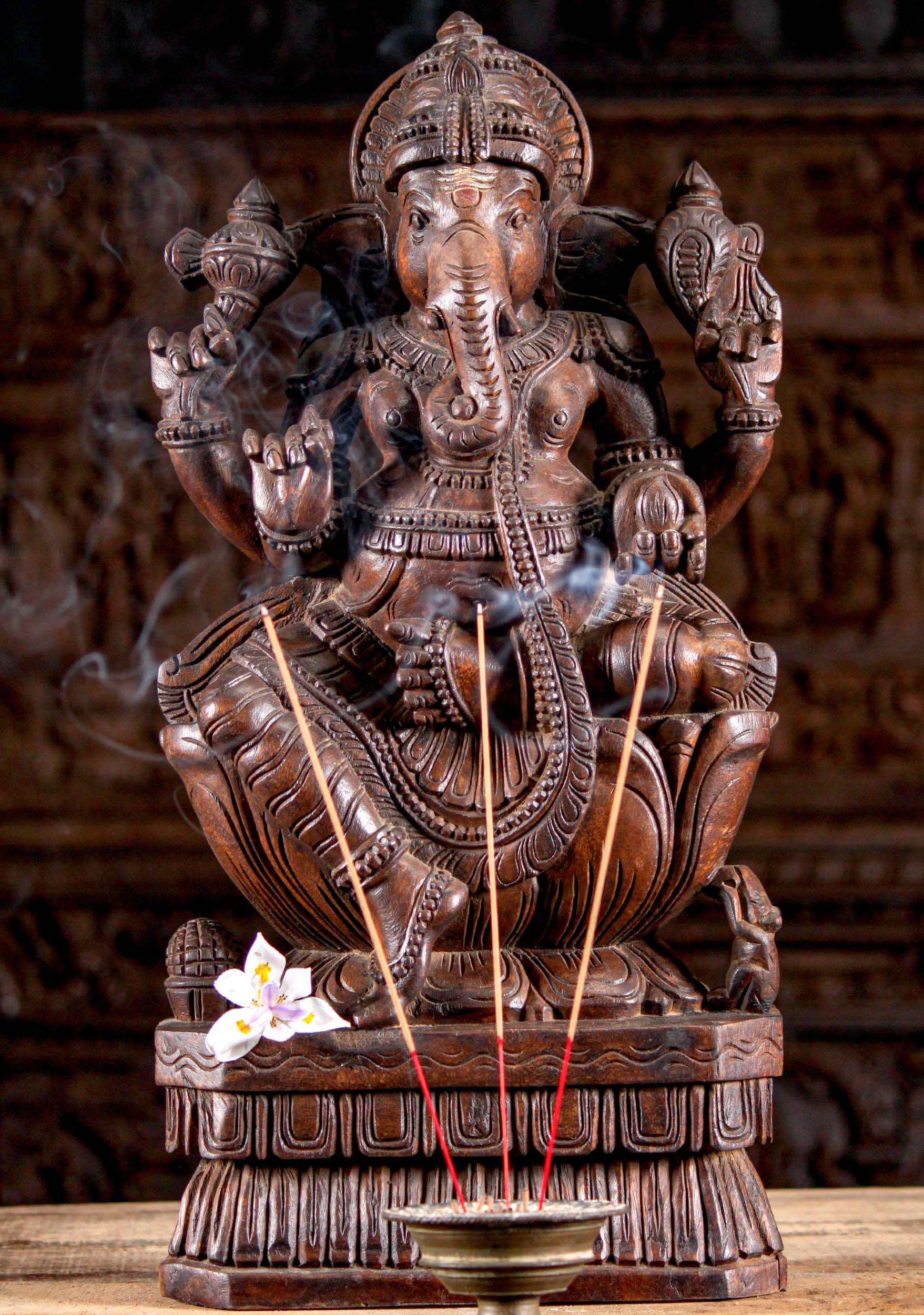 Wooden Ganesha Sculpture with Rat 24"'