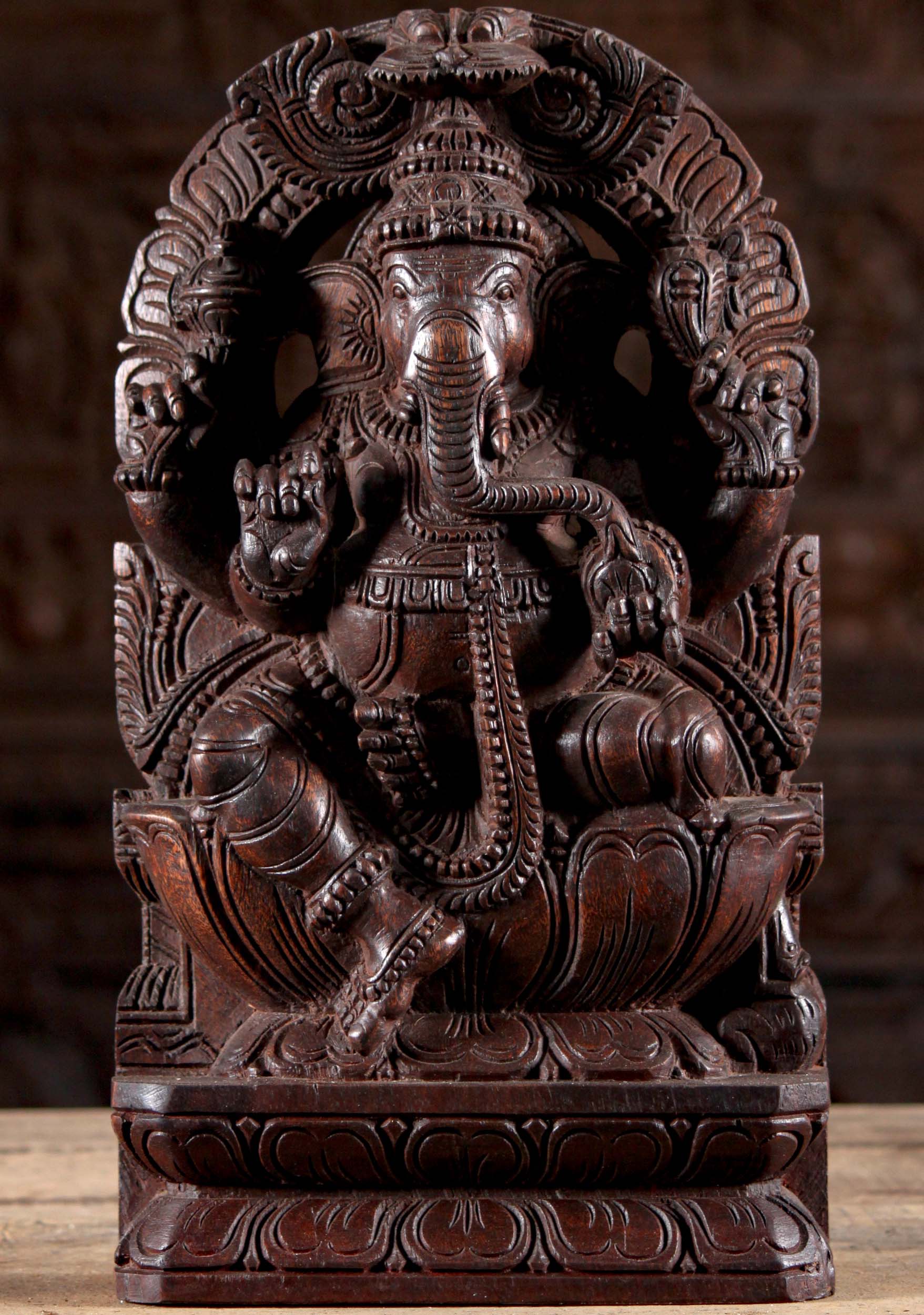 Wooden Ganesh Seated Under Arch Sculpture  18"