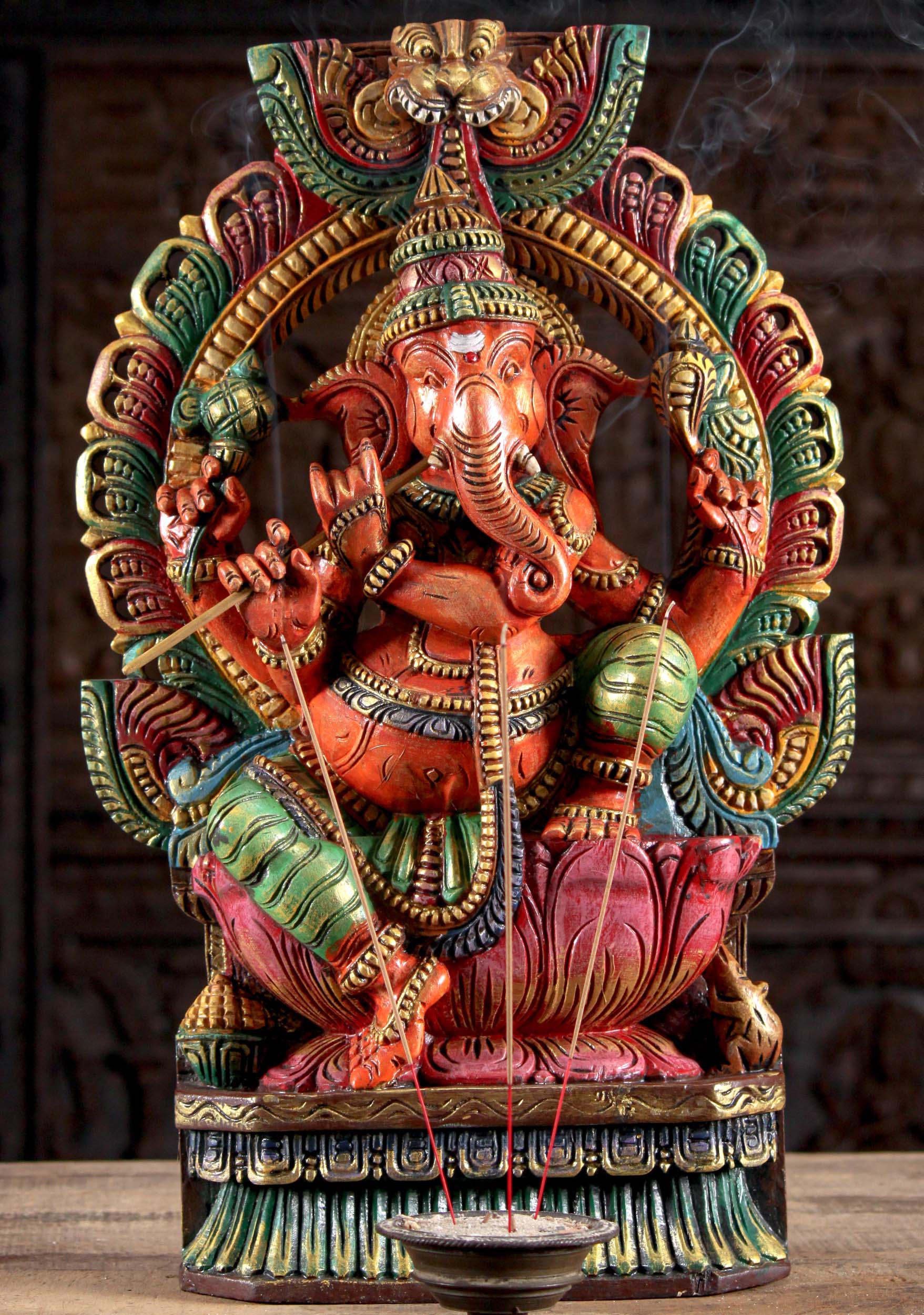 Wood Ganesha Playing Flute Under Arch 24"