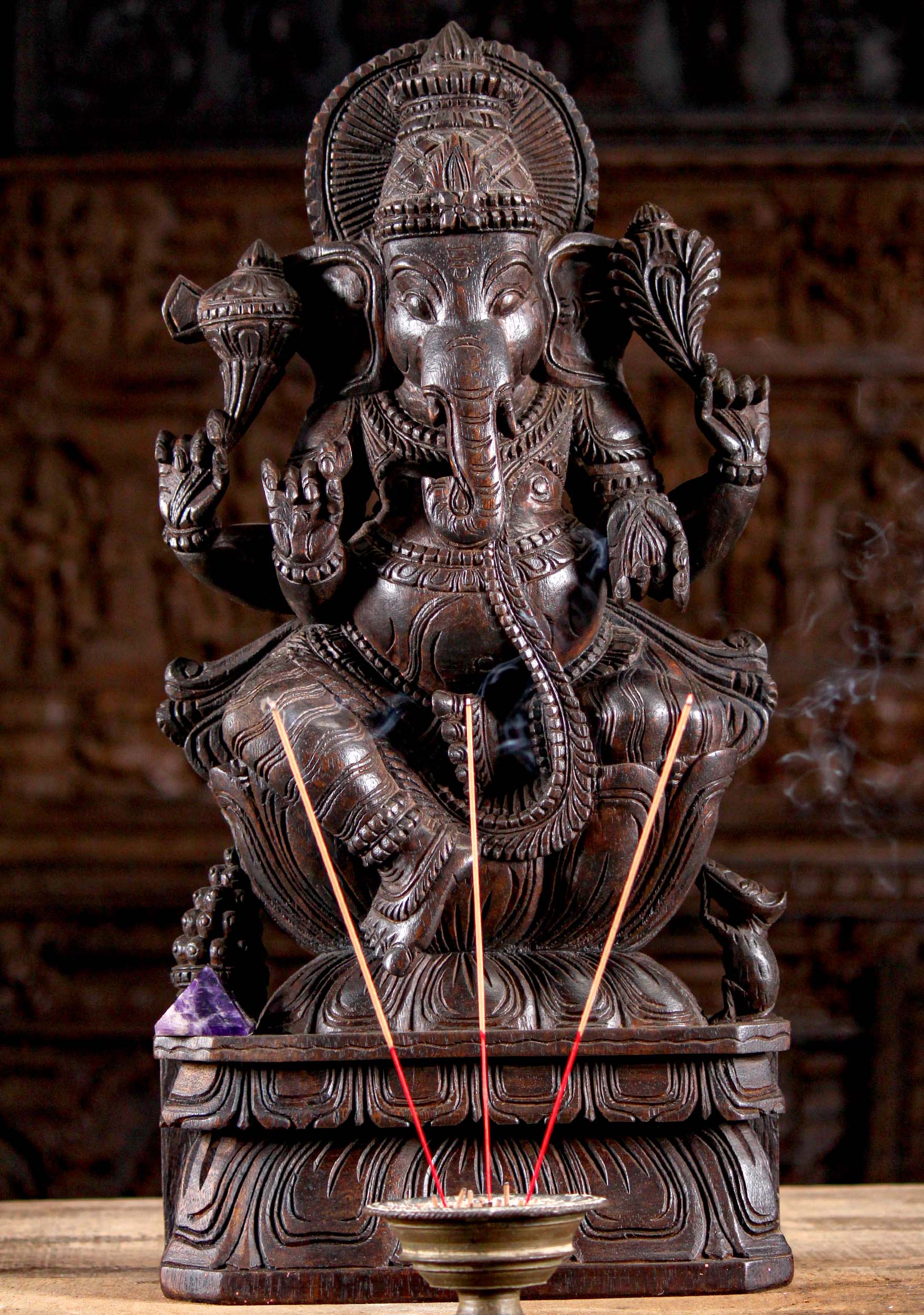 Wood Ganesh Seated on Lotus Base with Rat 24"