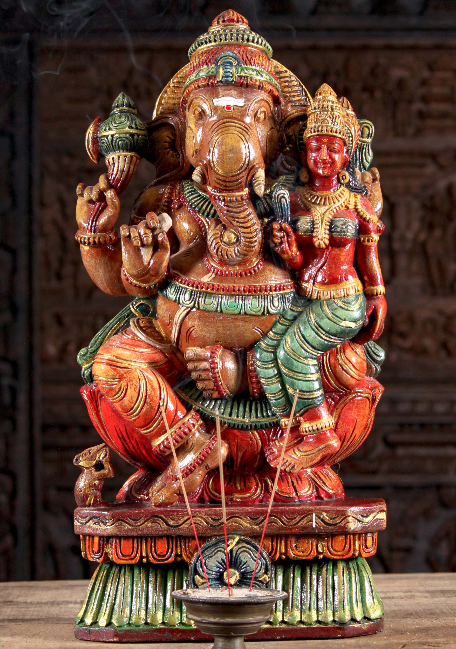 Painted Wood Ganesha with Lakshmi Statue 24"