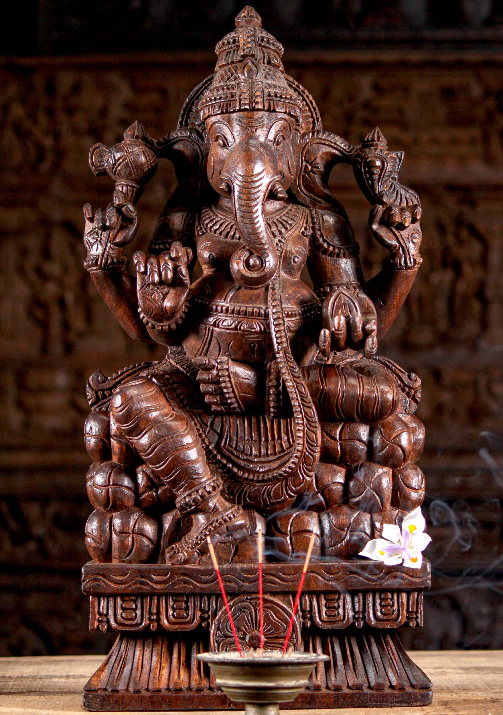 Wooden Ganesha Seated on Mountain 24"