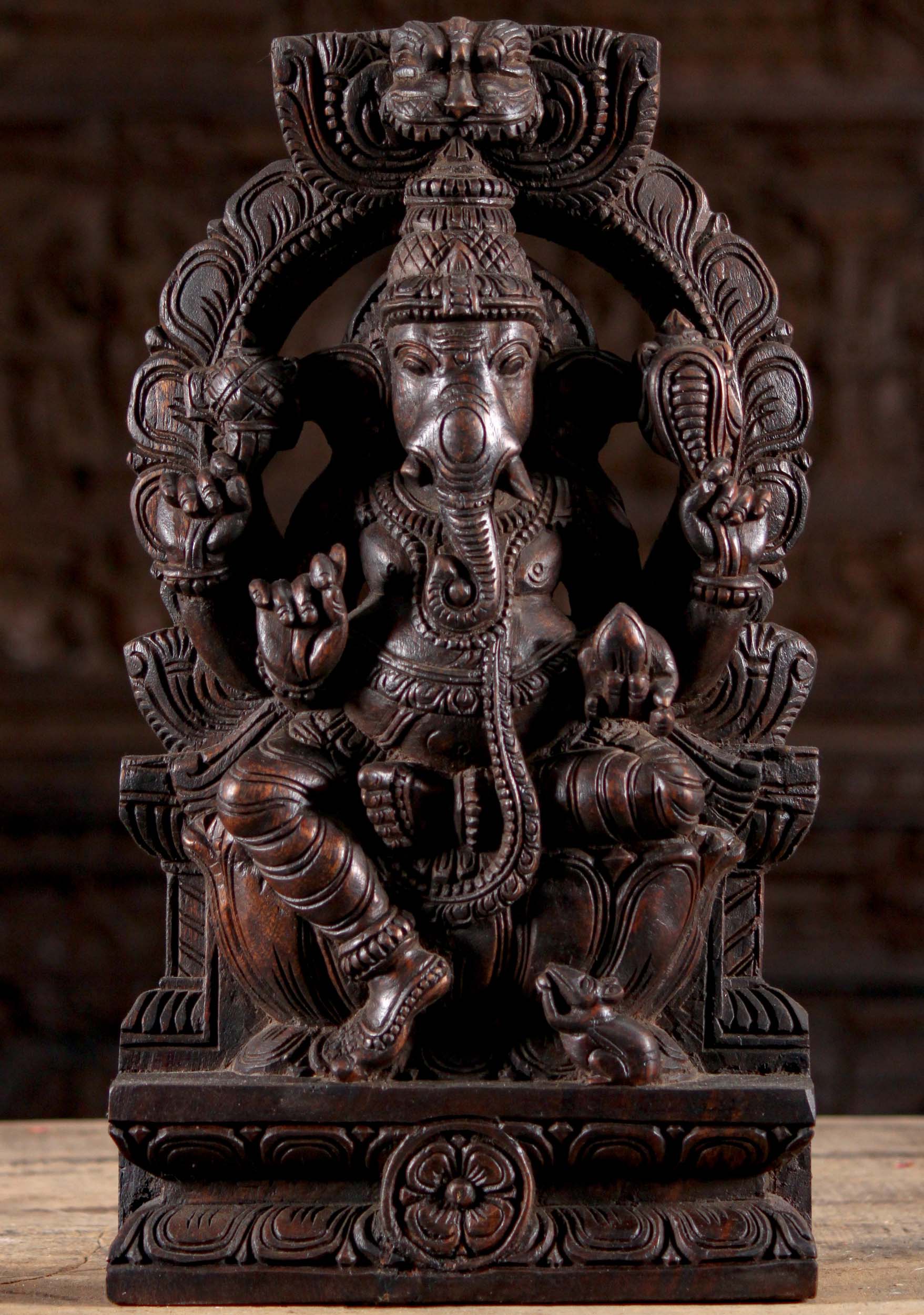 Wooden Ganesh Sculpture with Arch 18"