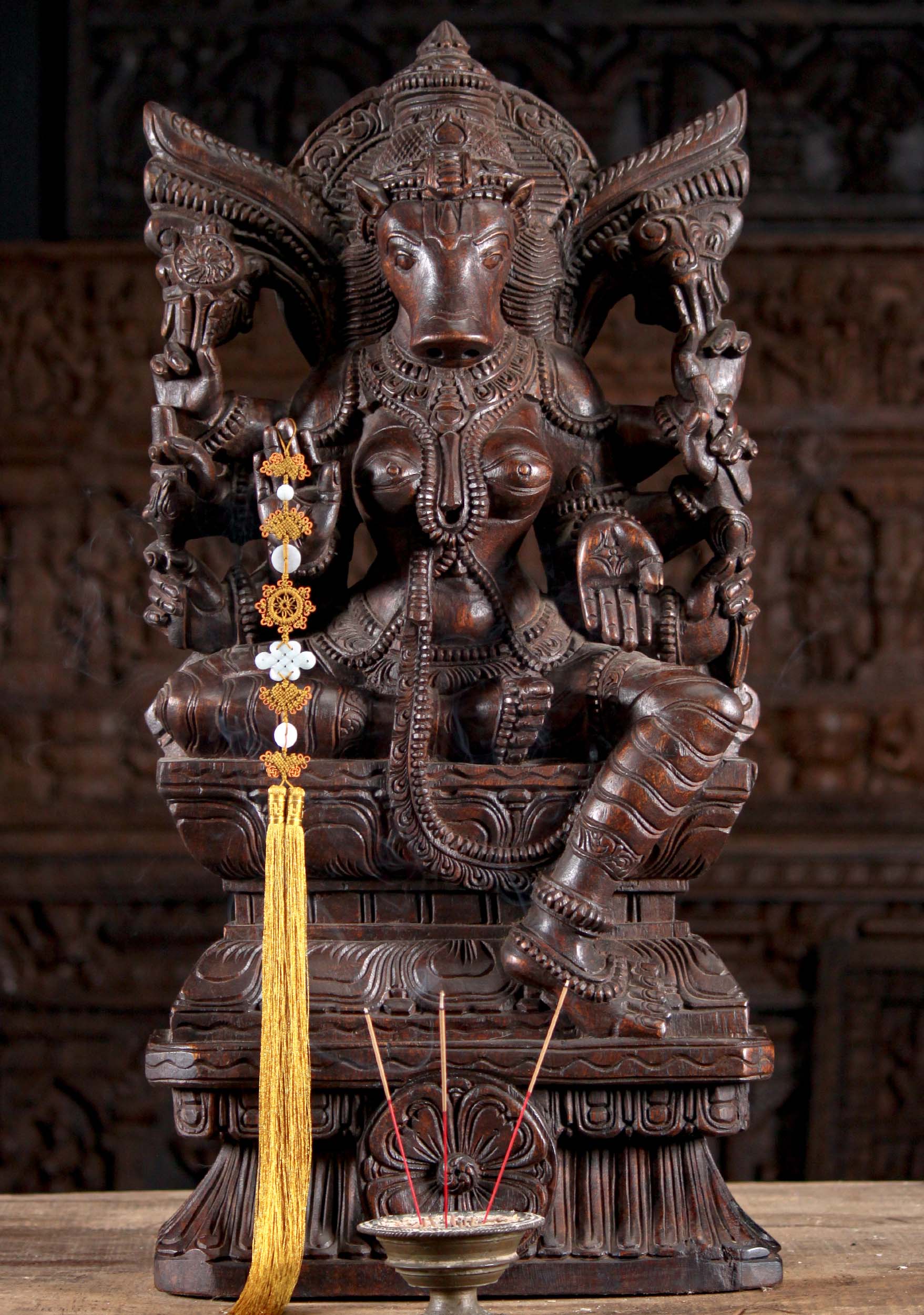 Neem Wood Hand Carved Varahi Seated on Lotus Base with 8 Arms Sculpture 30"