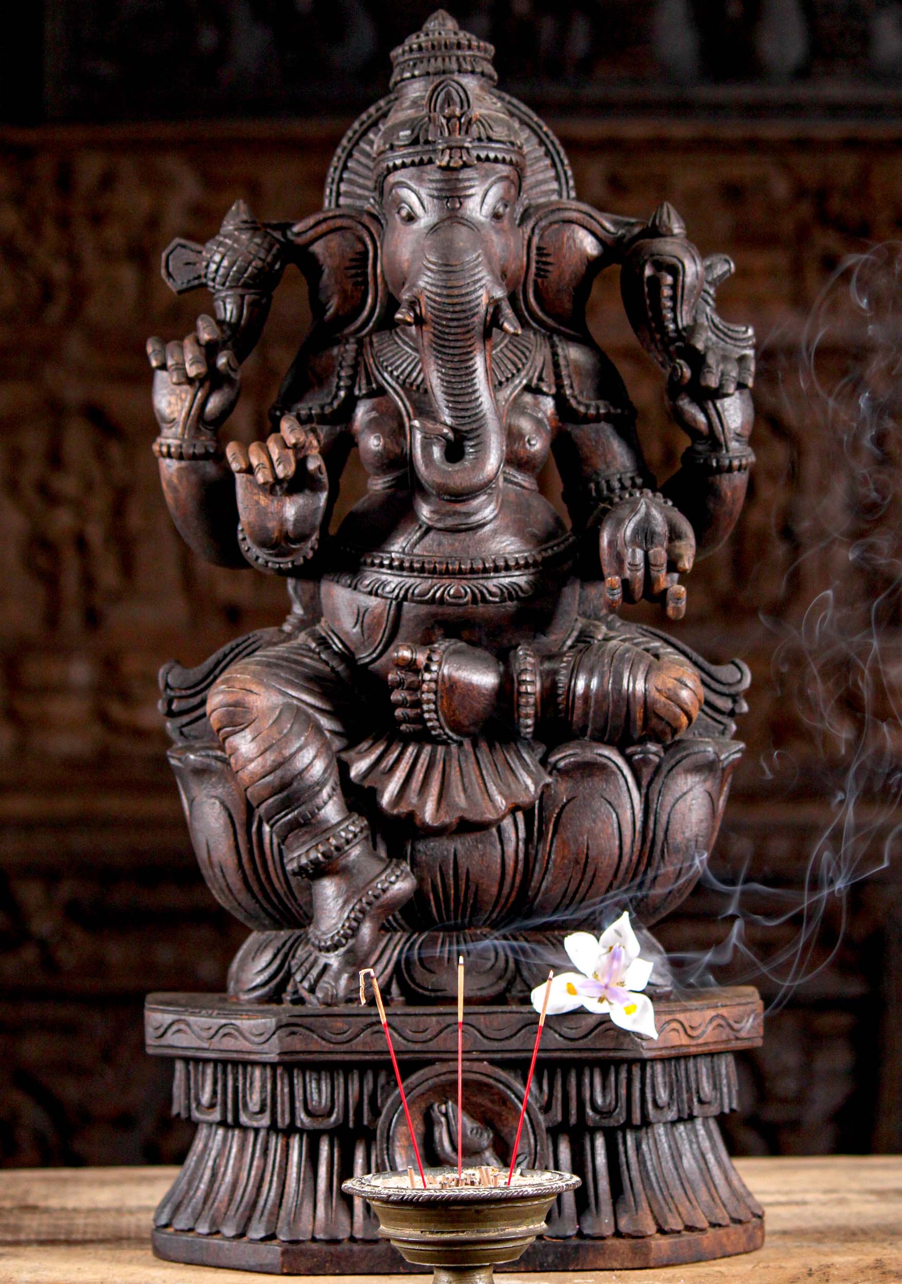 Wood Ganesha Seated on Lotus Base with Tusk Statue 24"