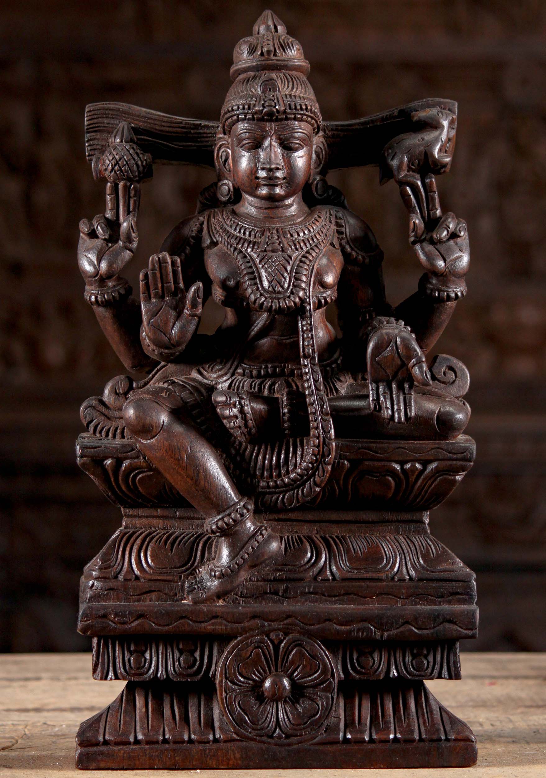 Wood Seated Shiva Holding Axe & Antelope 18"