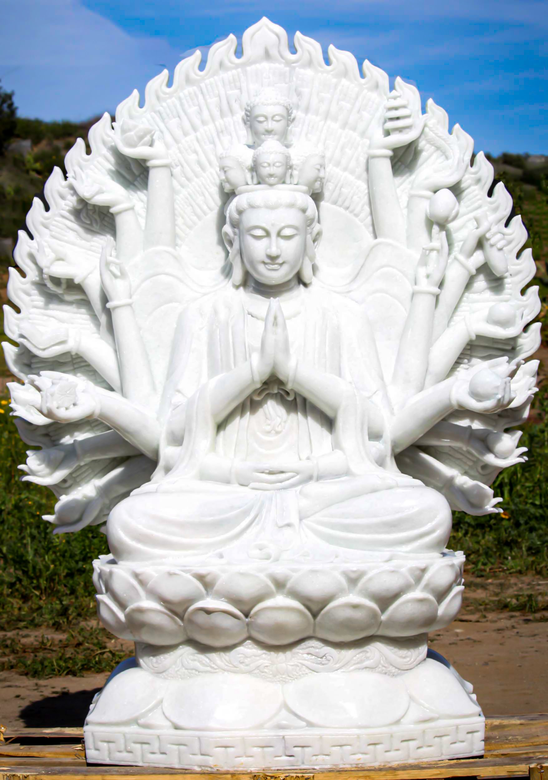 Exquisite White Marble Carving of the 1,000 Armed Bodhisattva Avalokiteshvara Statue 66"