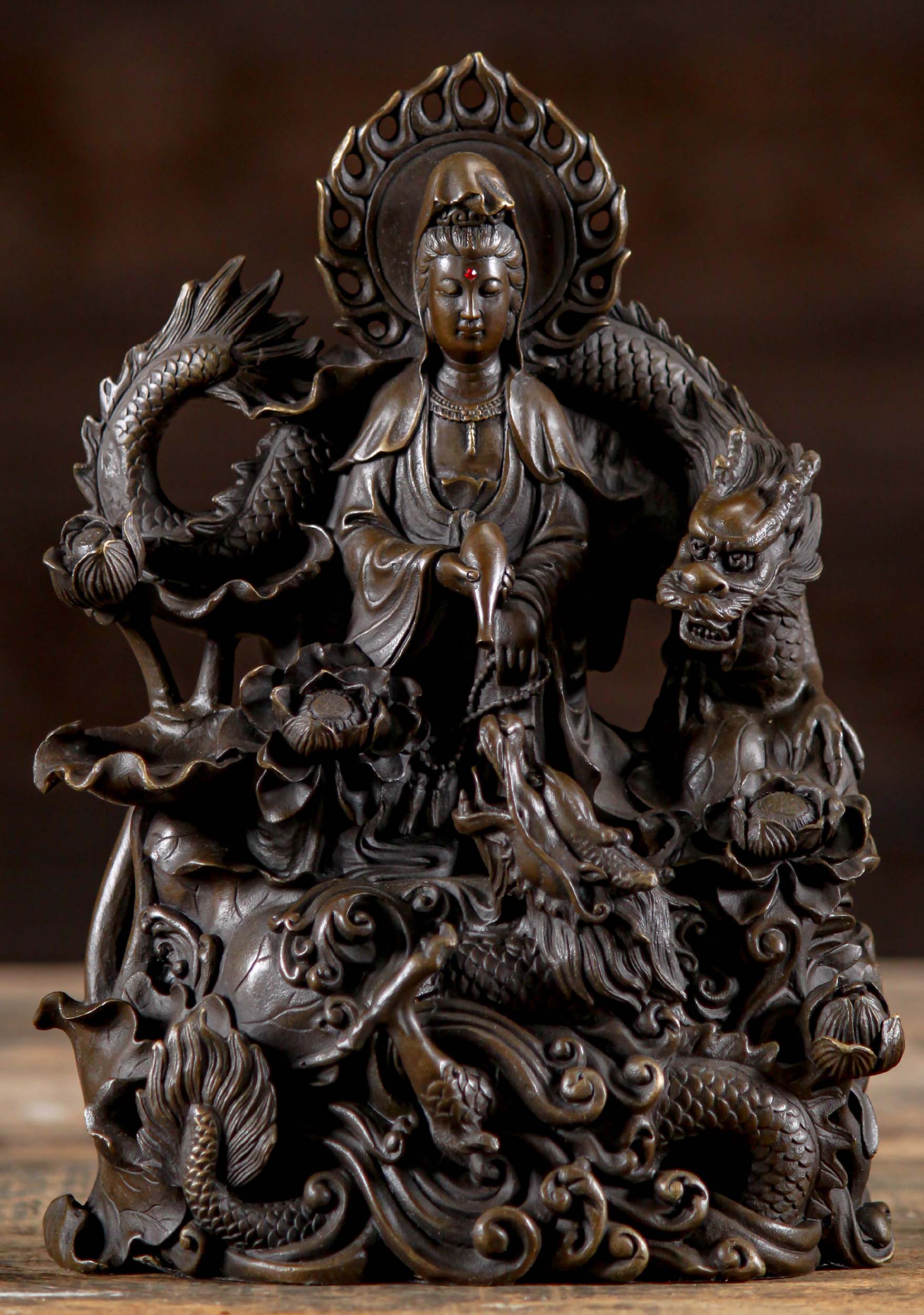 Bronze Kwan Yin Statue in Storm with 2 Dragons 10"