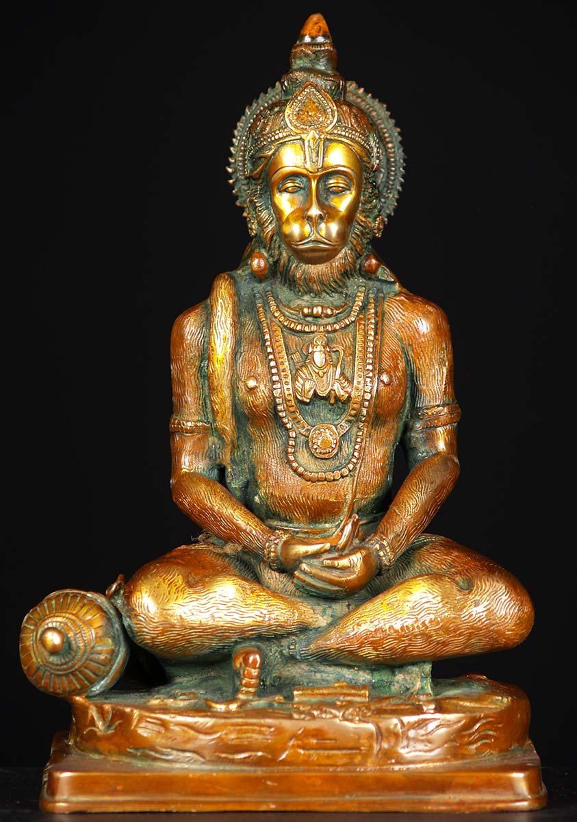 Brass Seated Hanuman Statue Meditating with Large Club Perfect for Home Altar 12"