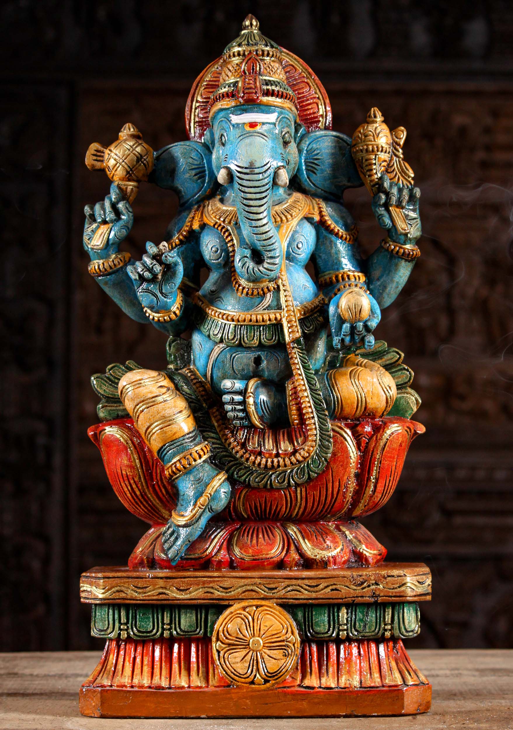 Blue Painted Wooden Ganesha Statue 24"