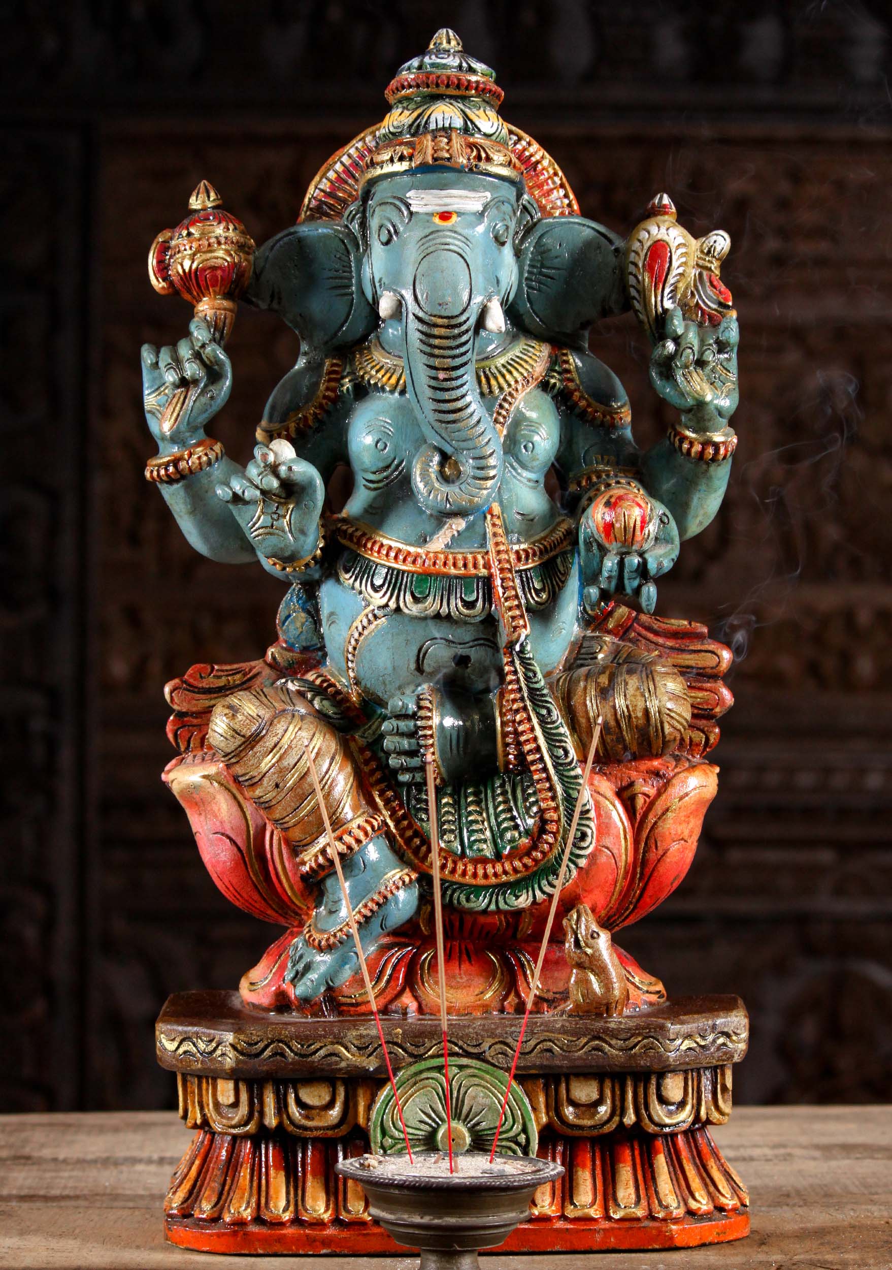 Blue Painted Wood Ganesh Sculpture 24"