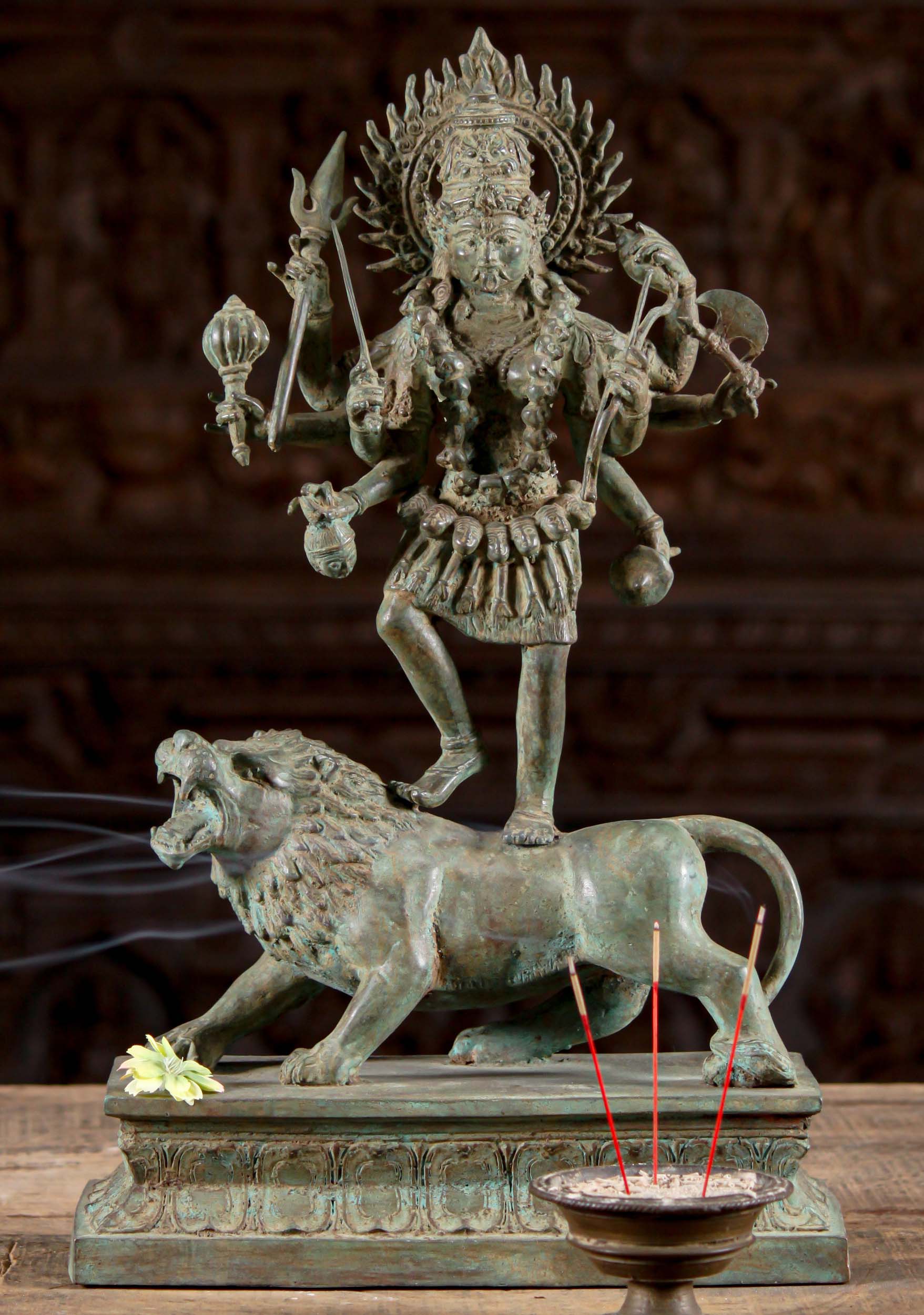 Antique Green Patina 8 Armed Kali Standing on Top of Roaring Lion 18"