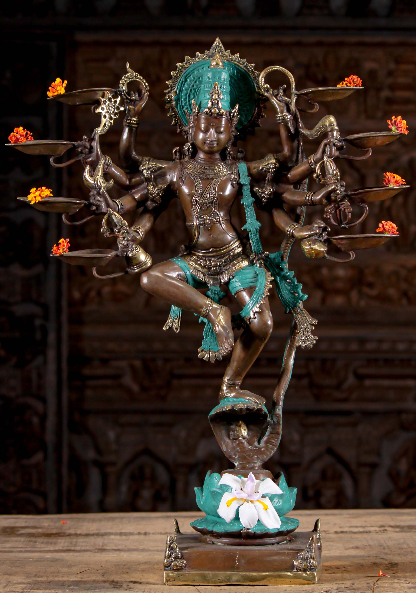 Brass Dancing Kaliya Krishna with 9 Oil Lamps 26"