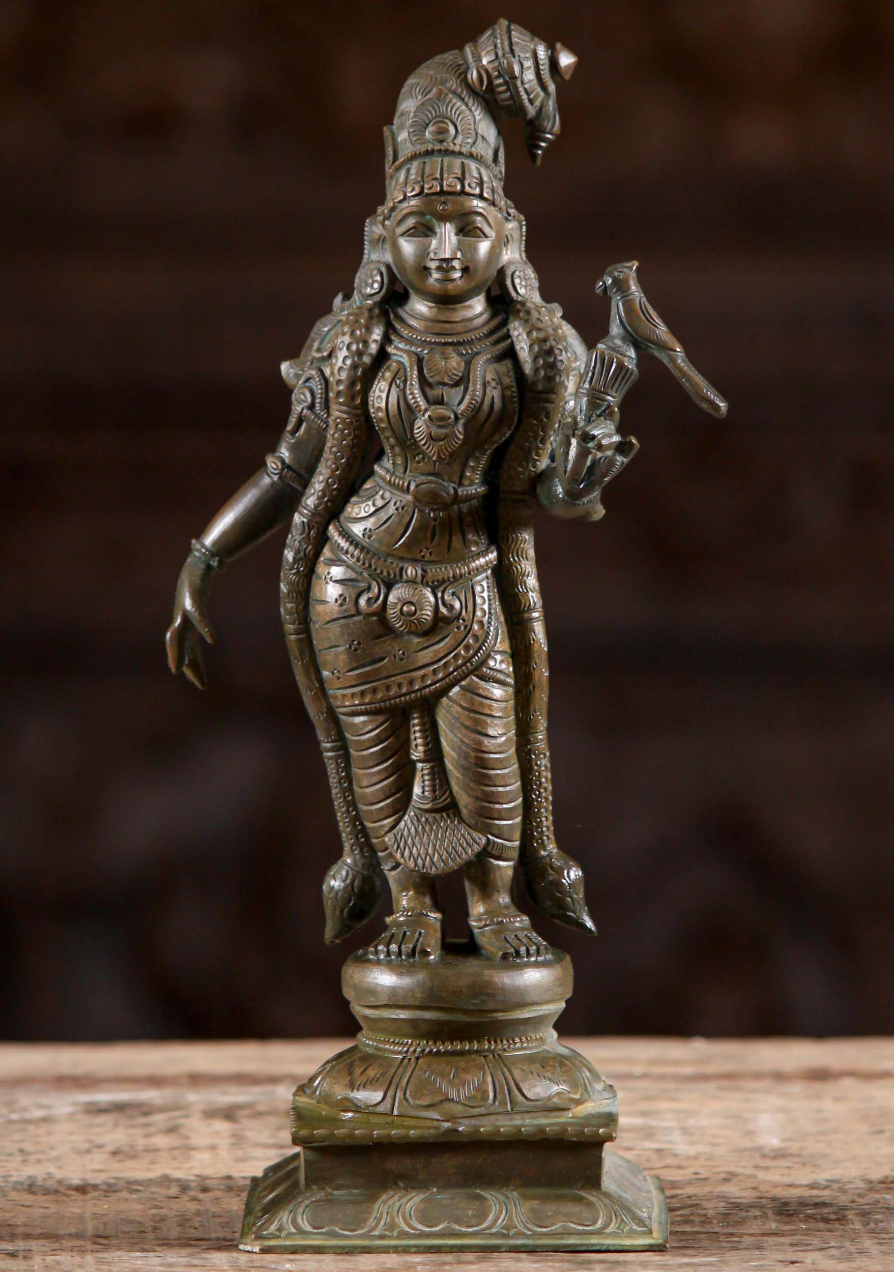 Bronze Vishnu Saint Murti of Andal, the only Female Alvar Saint with Malas & Parrot 12"