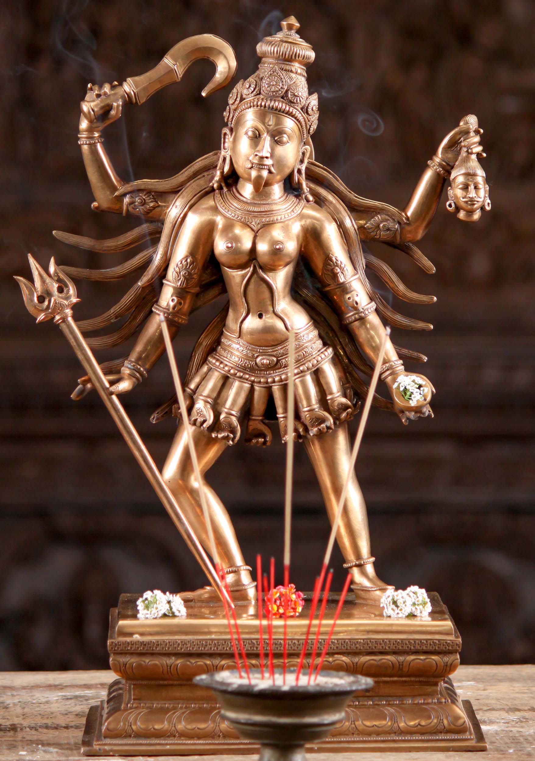 Bronze Kali Statue Holding Trident, Saber and Severed Head 18.5"