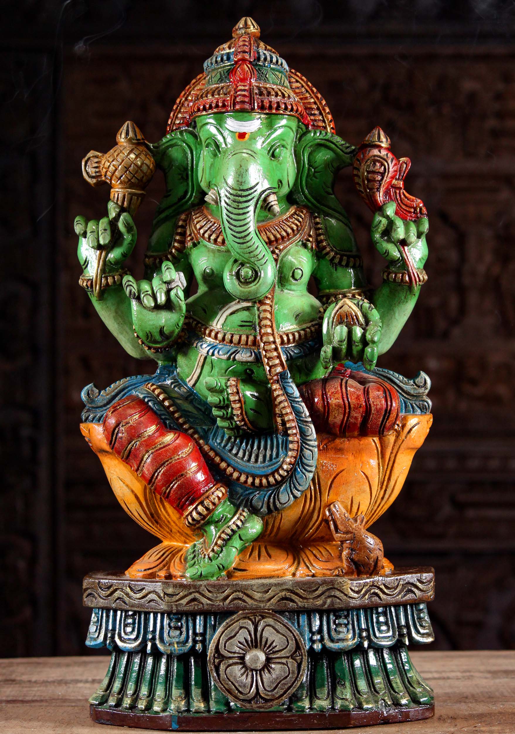 Colorful Wooden Ganesh Statue with Rat 24"