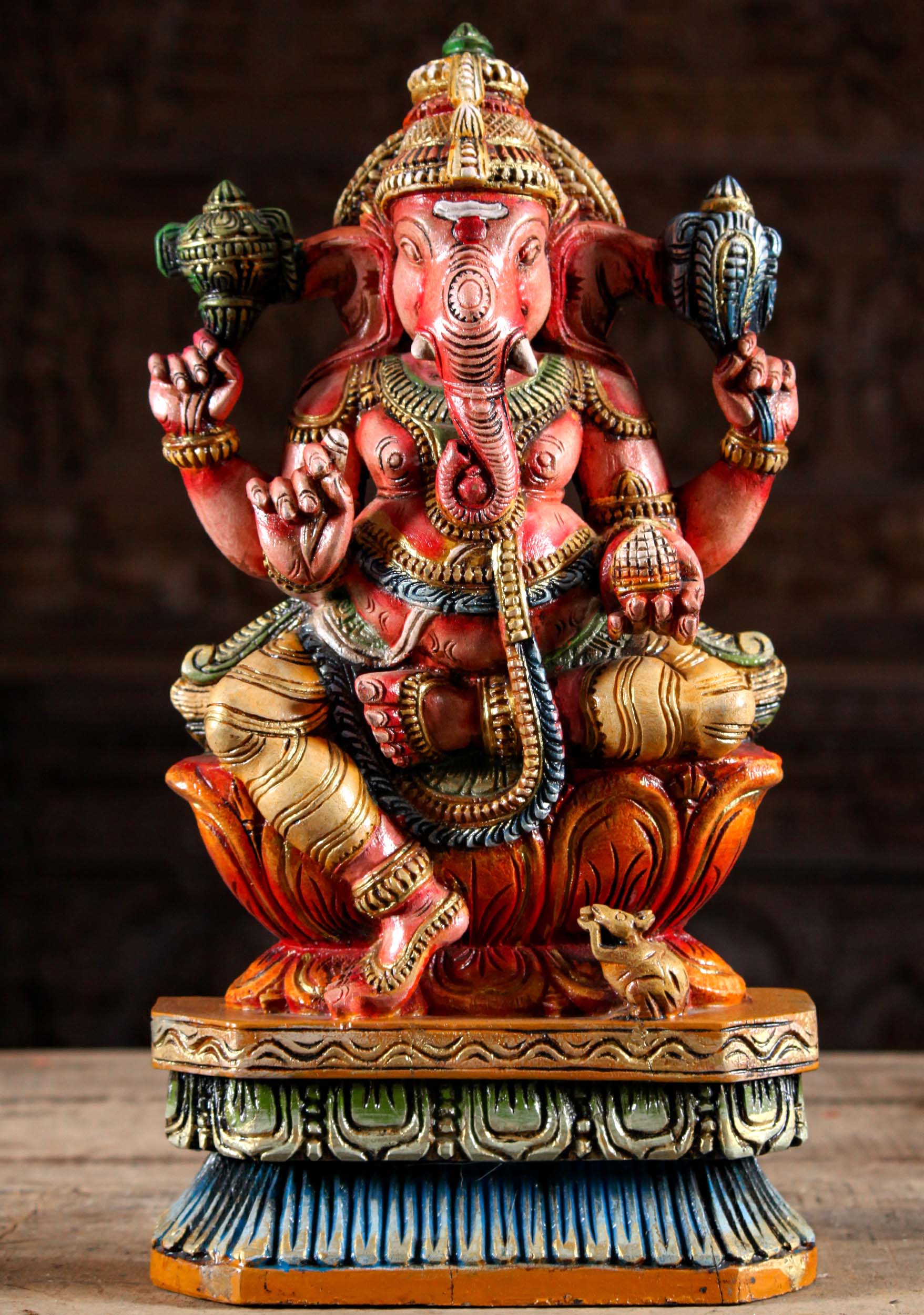 Painted Wood Seated Ganesha Statue with Rat 18"