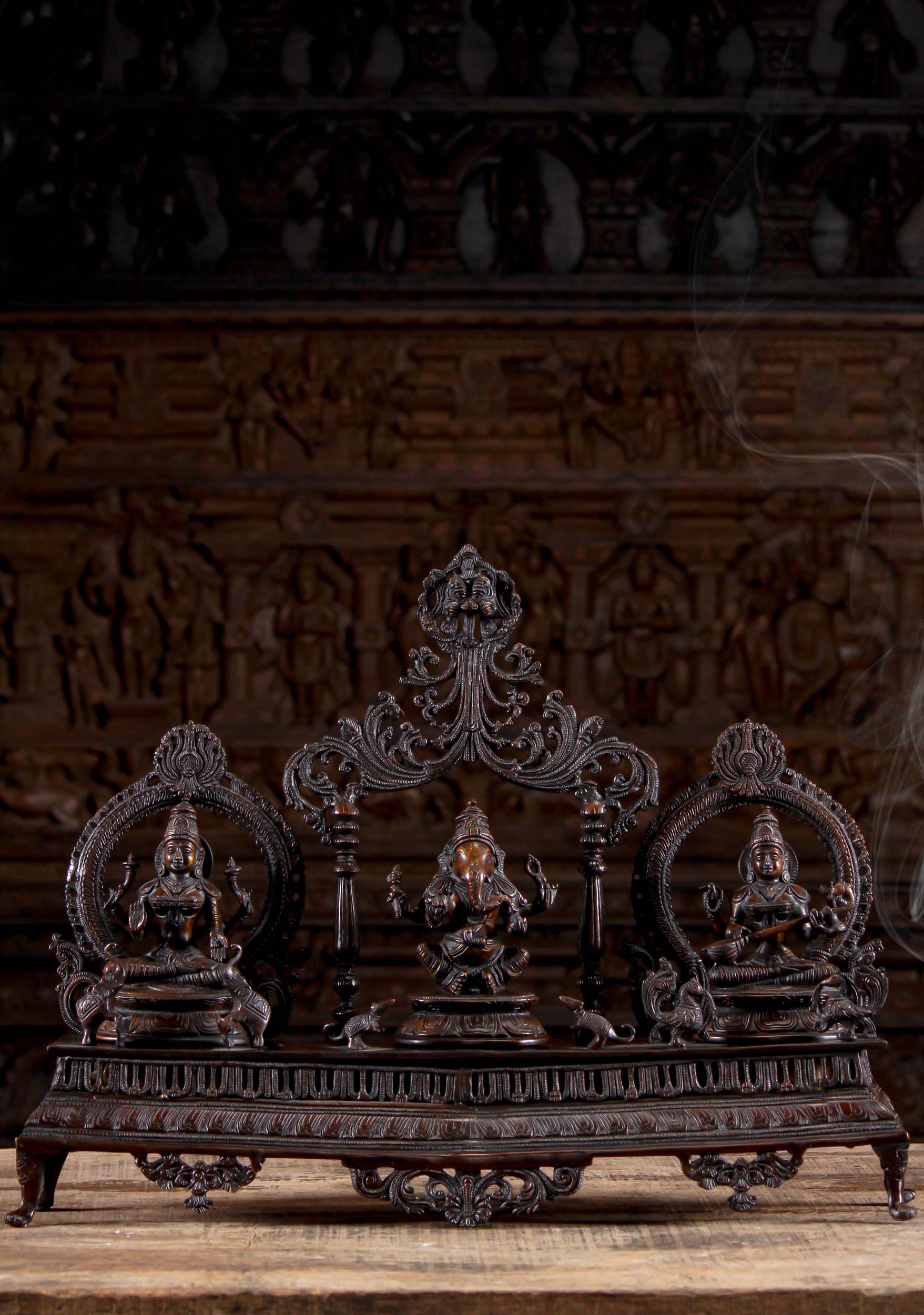 Brass Set of 3 Statue of Ganesh, Lakshmi & Saraswati Seated on Long Base 20"